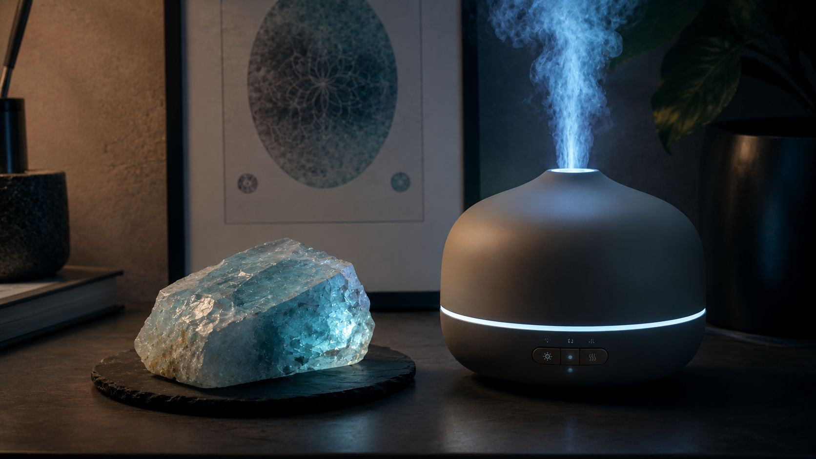 Cristal de Aguamarina junto a un humidificador para esparcir una vibración de calma en Umbral Astral.