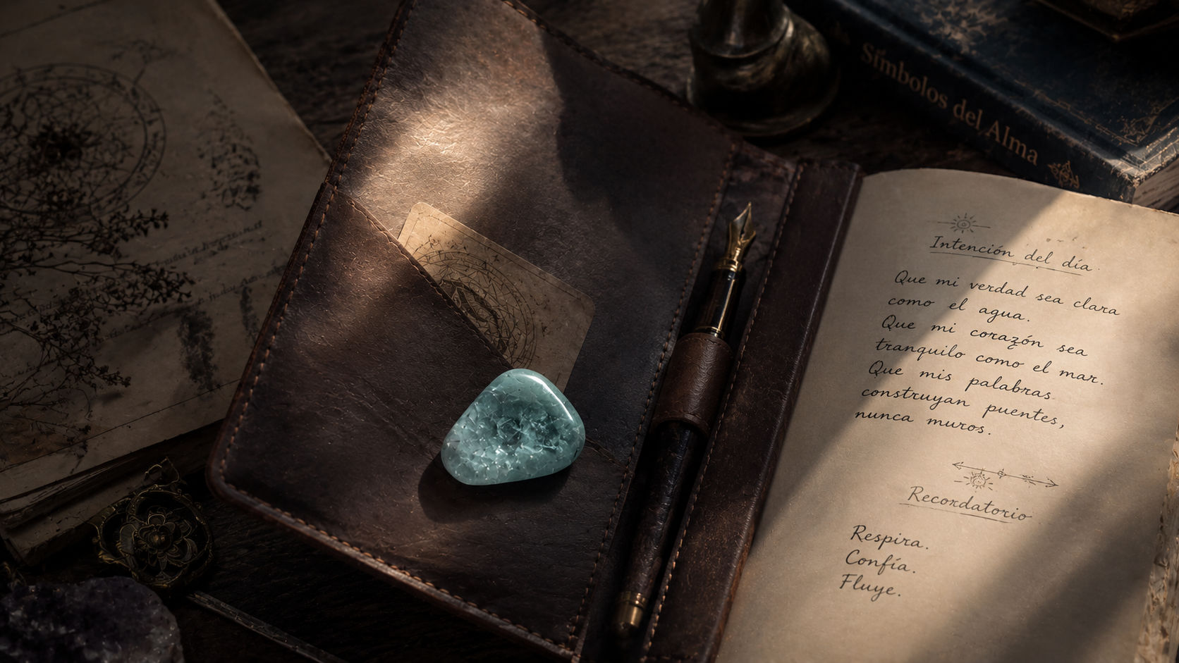 Piedra rodada de Aguamarina en el diario personal para favorecer la redacción sincera y fluida.