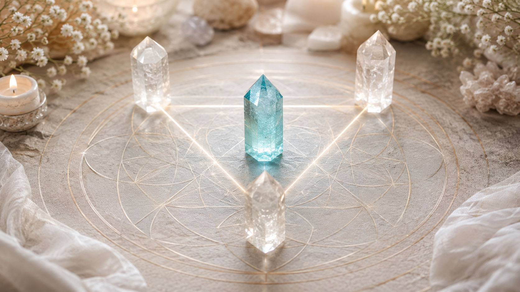 Sitúa la gema en el centro de un triángulo formado por tres cristales de cuarzo transparente apuntando hacia ella. Este circuito amplificará la vibración lumínica de la gema, elevando al máximo su canalización del chakra laríngeo.