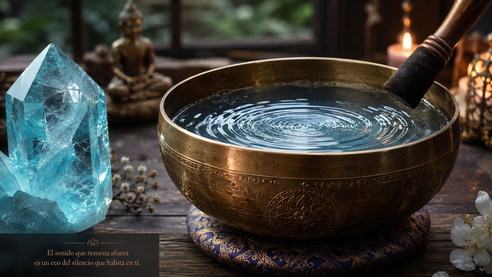 Coloca la Aguamarina cerca de un cuenco tibetano lleno de agua y hazlo sonar hasta que el líquido sintonice y cree ondas. Las frecuencias acústicas y la resonancia del agua sagrada recargarán el motor interno de tu amuleto místico.