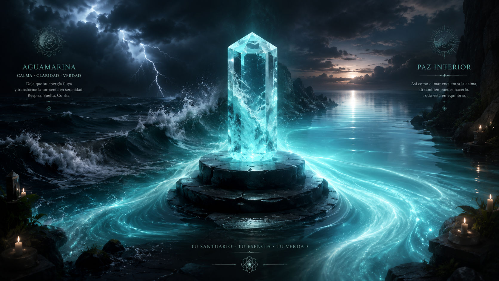 Cristal de Aguamarina emitiendo ondas de luz cian para calmar tempestades emocionales y fluir en transiciones.