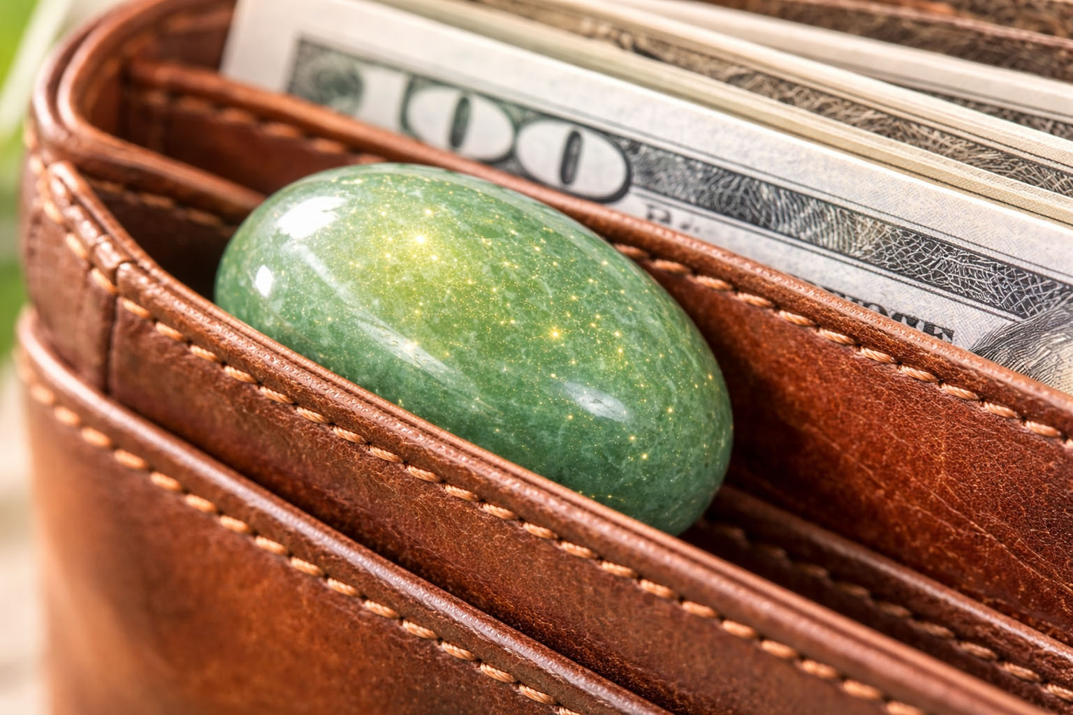 Pequeña Aventurina Verde en la billetera para actuar como imán de buena fortuna y dinero.