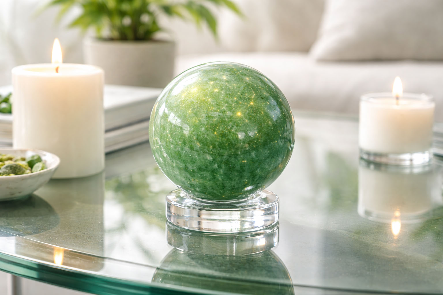 Esfera de Aventurina Verde para mantener un ambiente de optimismo y armonía familiar.