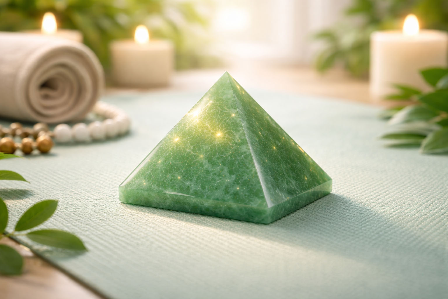 Pirámide de Aventurina Verde para meditar sobre nuevos proyectos y liberar el estrés.