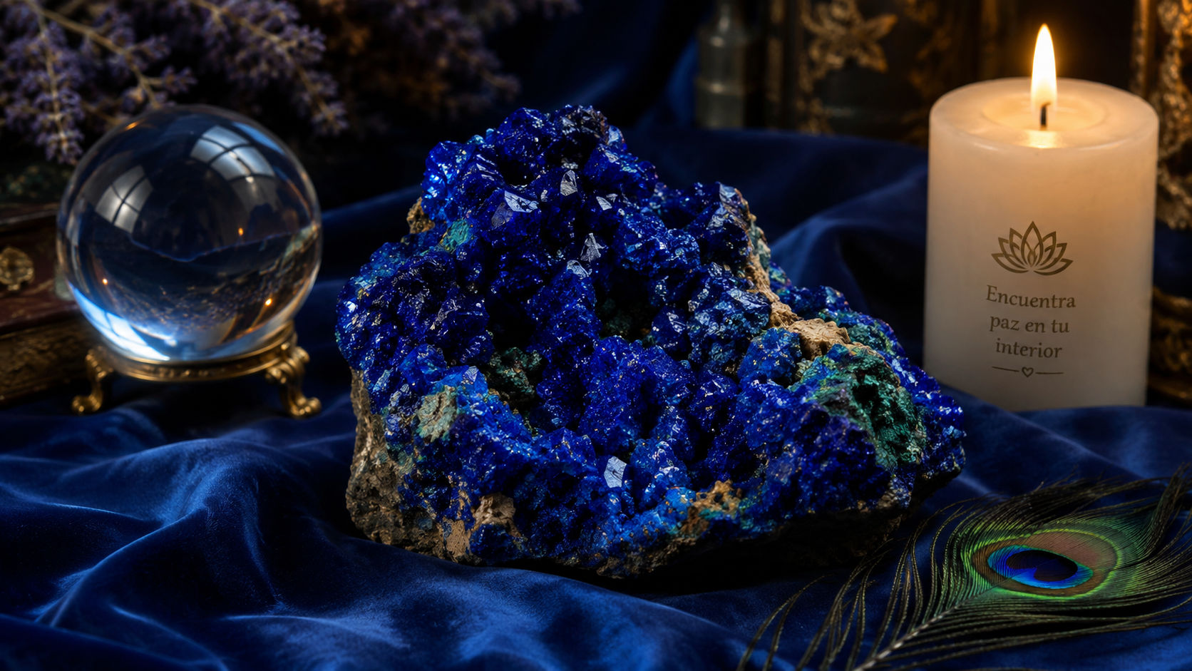 Azurita en el altar místico para abrir los portales de la intuición superior y las artes adivinatorias.