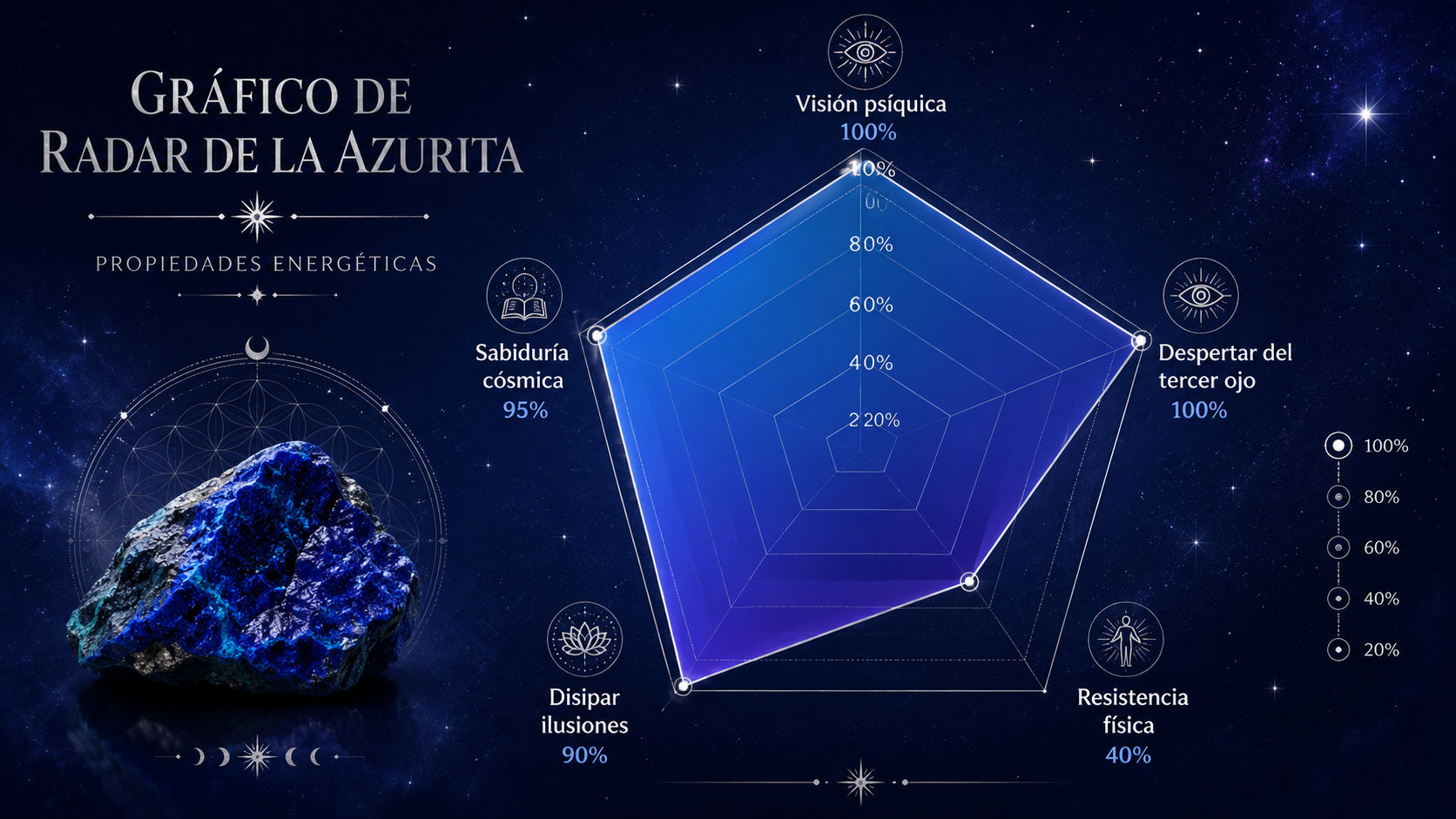 Infografía de resonancia de la Azurita destacando su máximo poder en visión psíquica y apertura del tercer ojo.