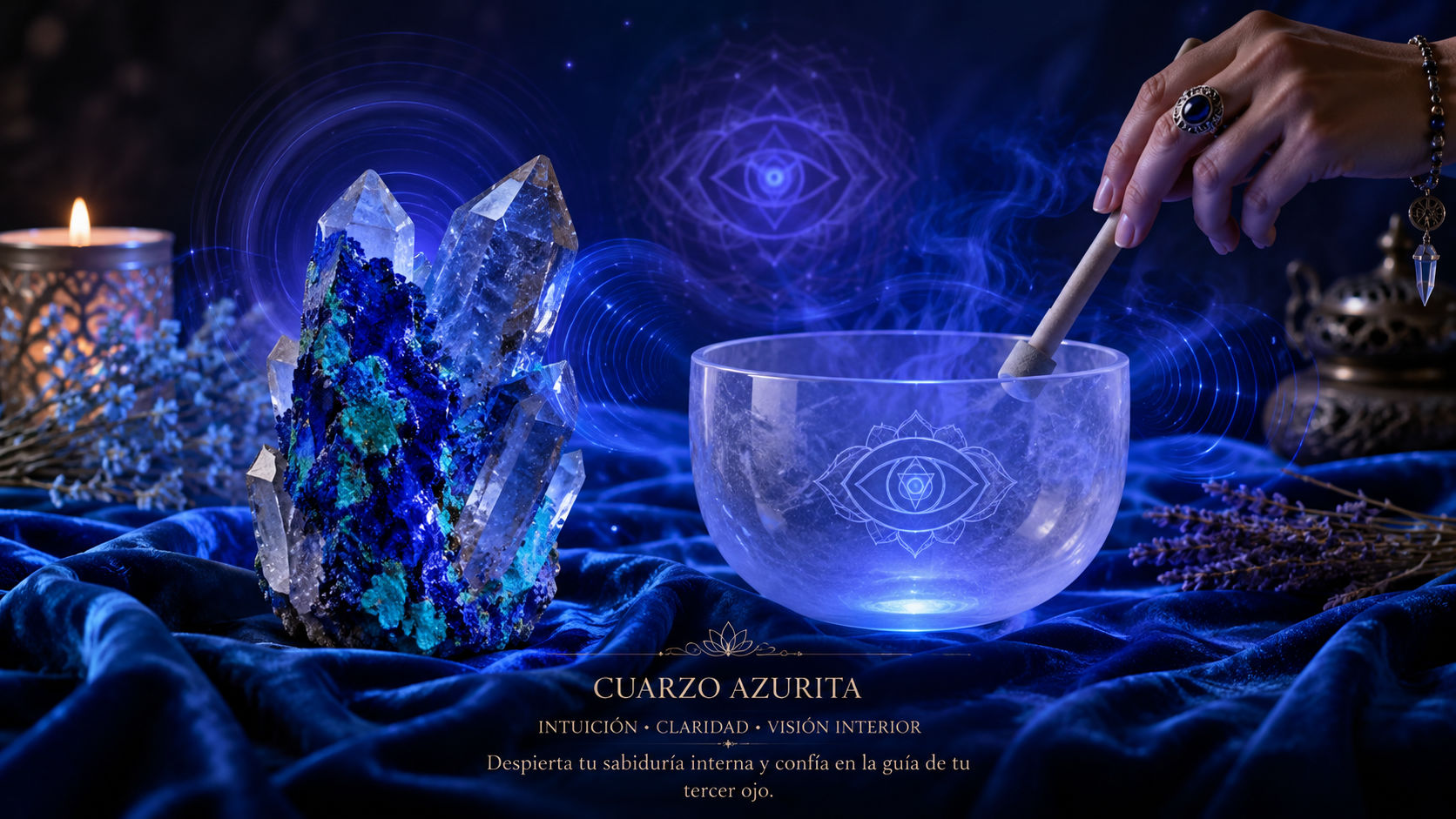 Coloca la Azurita sobre un paño de terciopelo azul y haz sonar el cuenco en la frecuencia del chakra del Tercer Ojo. La onda acústica romperá las densidades que nublan el cristal, reseteando su emisor de energía sin rozar su superficie.