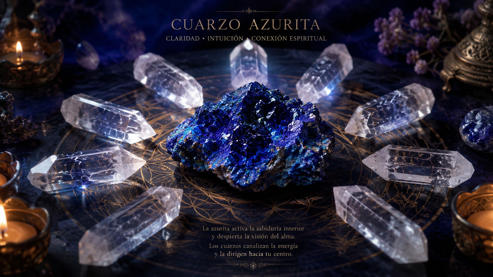 Rodea tu Azurita con pequeños cuarzos transparentes orientados hacia ella para crear un vórtice que reavive su fuerza espiritual. Los cristales de roca actuarán como amplificadores puros que inyectarán luz del firmamento directamente en el núcleo de la gema.