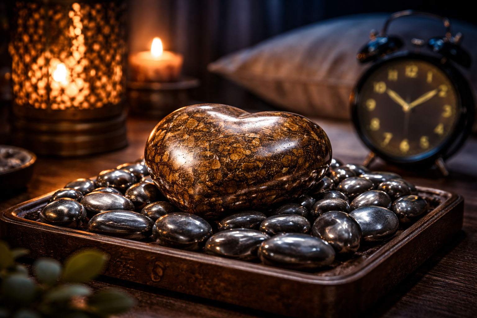 Deja la Broncita sobre piedras de Hematite durante una noche para una recarga por magnetismo. El Hematite refuerza el componente de hierro de la Broncita, haciendo el escudo más denso y seguro.