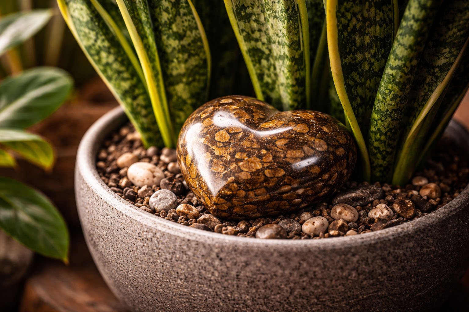 Coloca la piedra en la tierra junto a una planta tipo Sansevieria (Espada de San Jorge). La resistencia de la planta se transfiere por simpatía mineral al cristal, reforzando su durabilidad.