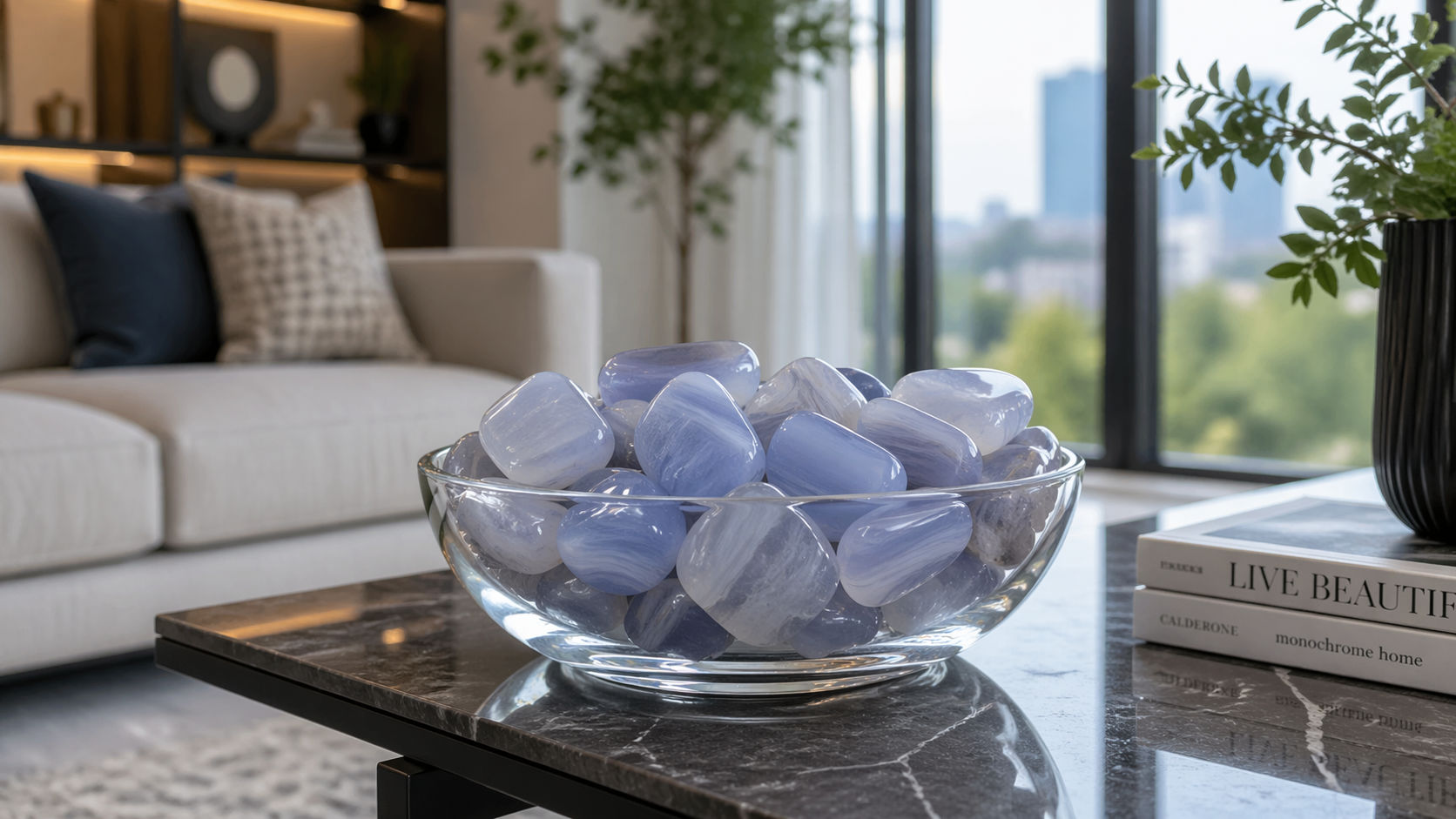Piedras de Calcedonia para absorber la tensión y mantener un ambiente de hermandad en el hogar.
