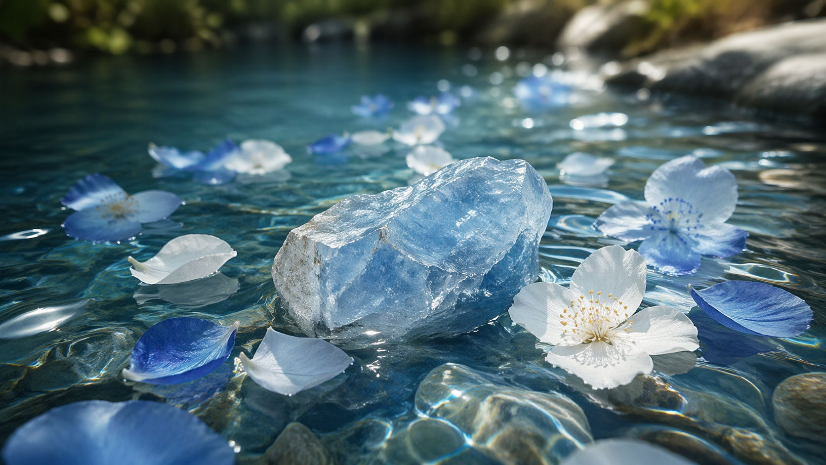 Deja que el agua fluya sobre la gema mientras la rodeas de pétalos de flores blancas o azules para suavizar su campo.
