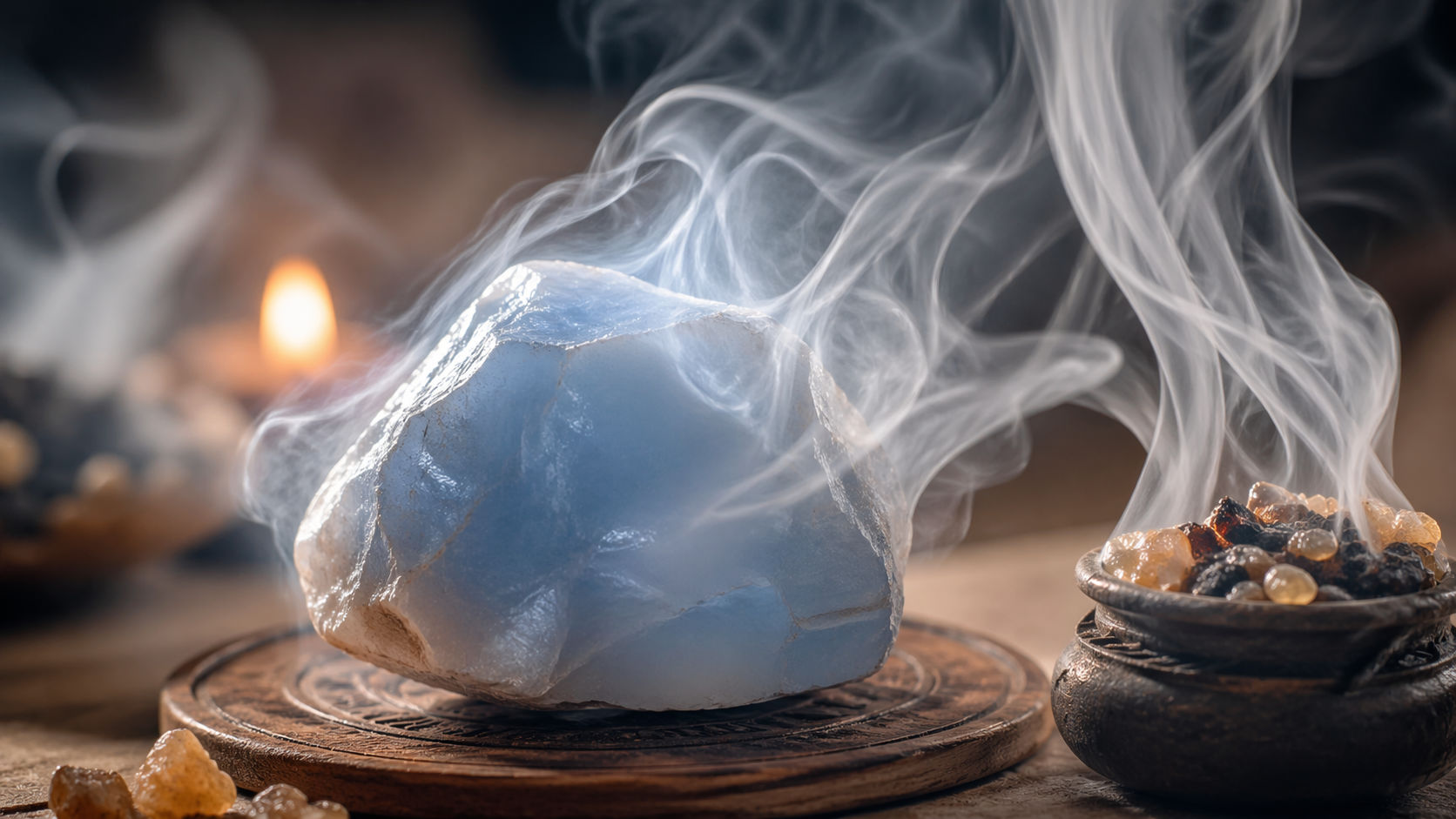 Pasa el cristal por el humo de estas resinas para purificar su matriz y elevar su capacidad de atracción de benevolencia. Es ideal para limpiezas profundas tras haber estado en lugares con mucha concurrencia de personas.