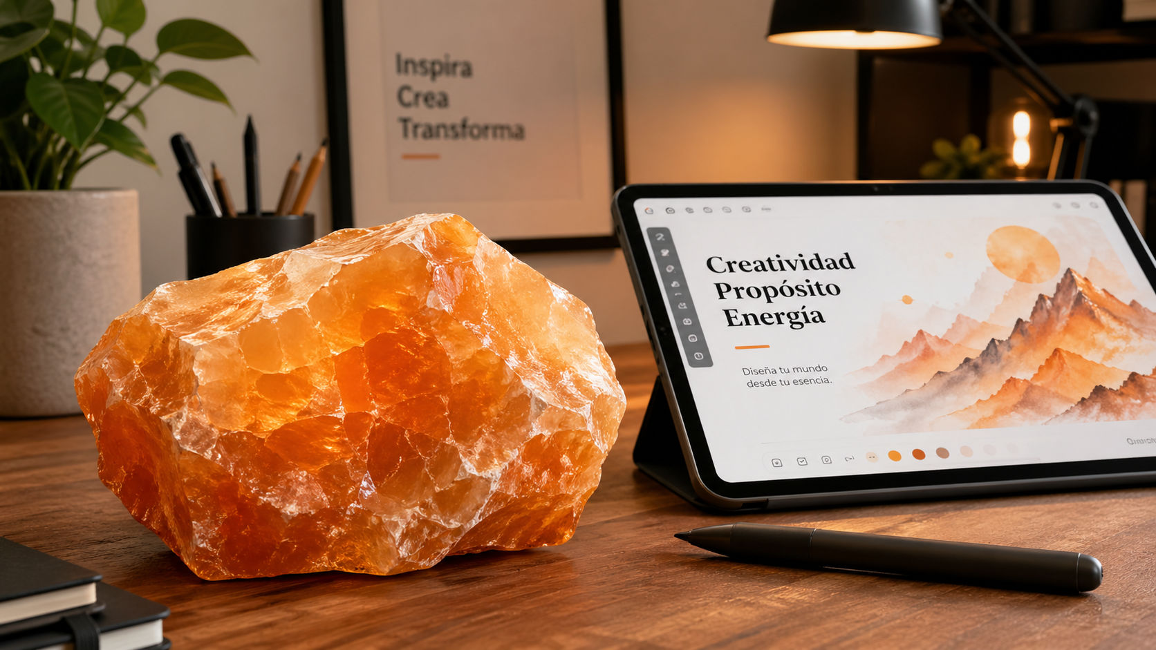 Calcita Naranja en el área de trabajo para eliminar bloqueos creativos y fomentar la innovación.