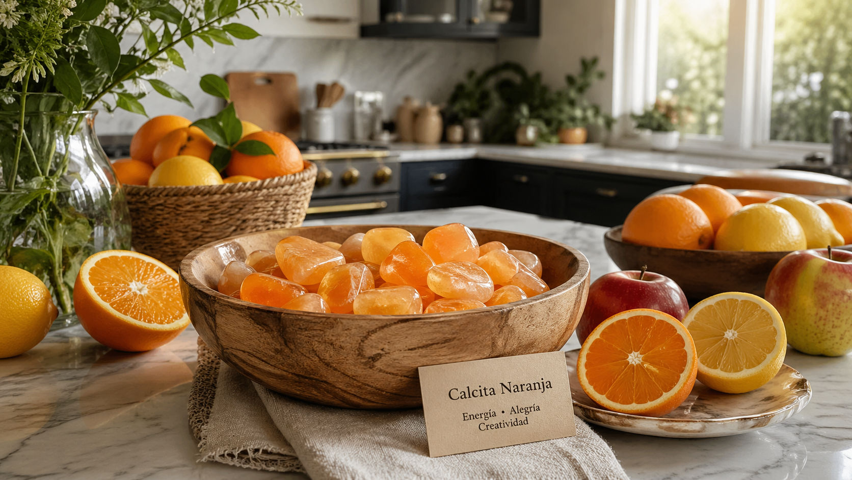 Calcita Naranja en la cocina para impregnar los alimentos de alegría y energía vital.