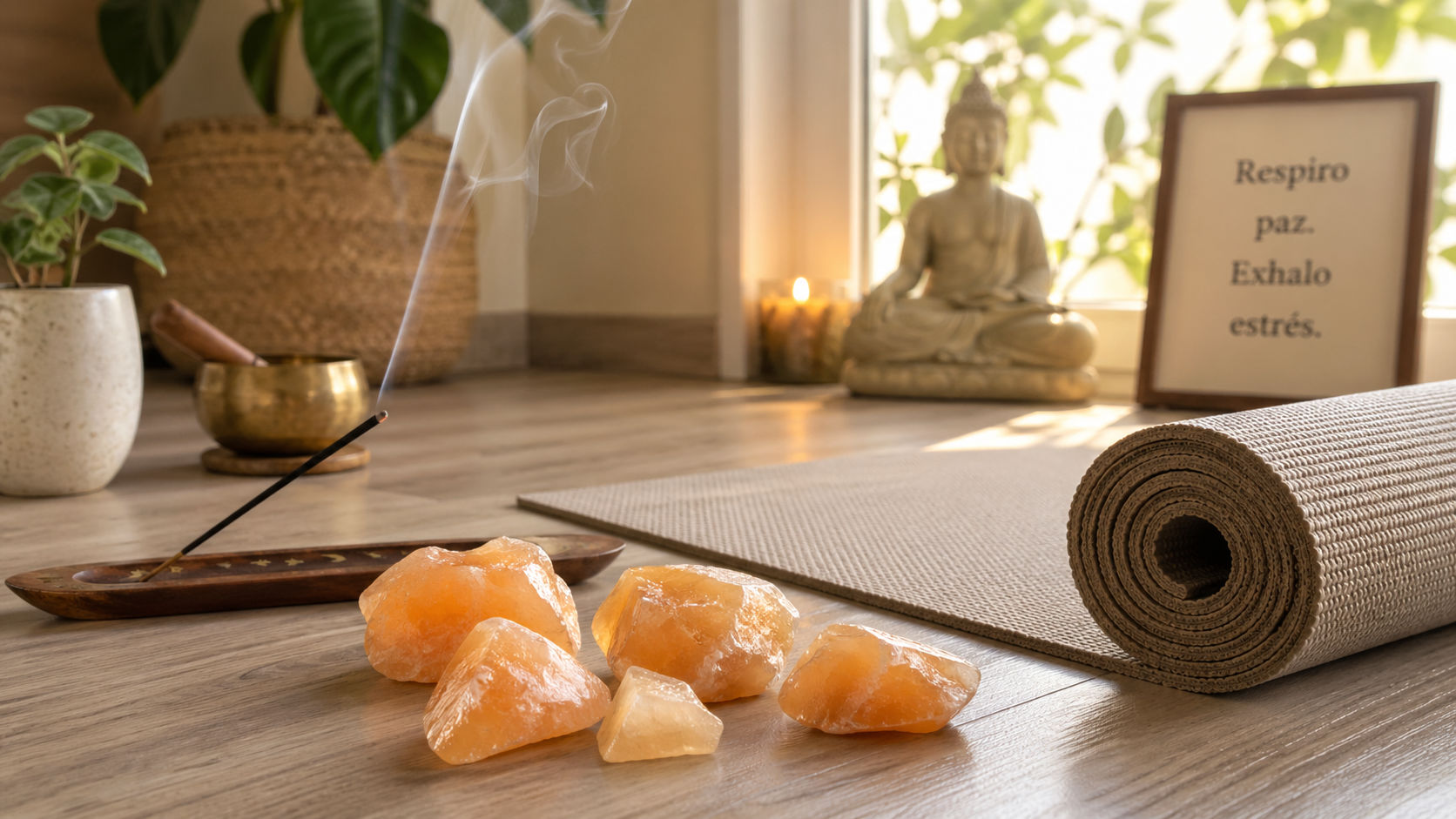 Calcita Naranja en el espacio de meditación para equilibrar el chakra sacro.