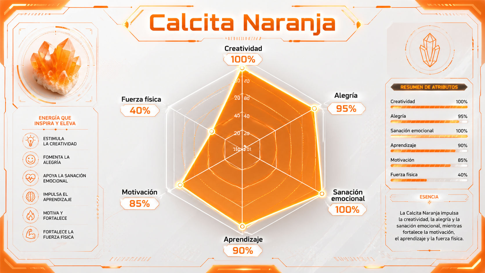 Gráfico de radar de la Calcita Naranja destacando su máximo potencial en creatividad y sanación emocional.