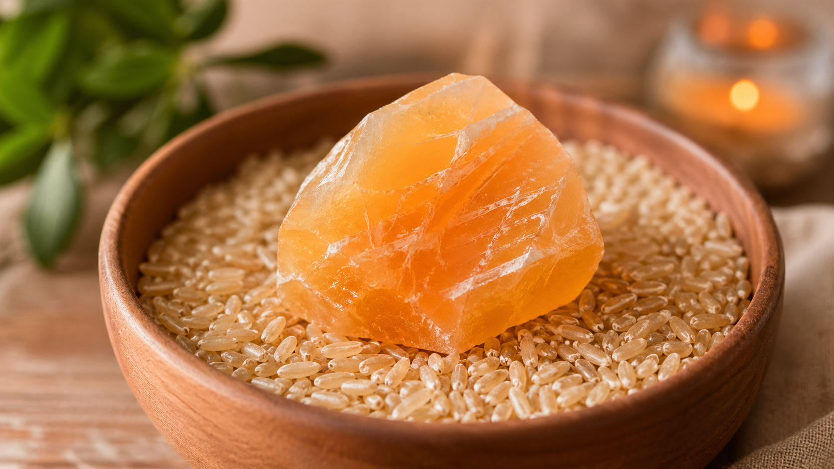 Coloca la Calcita en un recipiente con arroz integral durante una noche para que el grano absorba la densidad. Es una técnica de limpieza en seco que respeta la delicada química de este mineral.