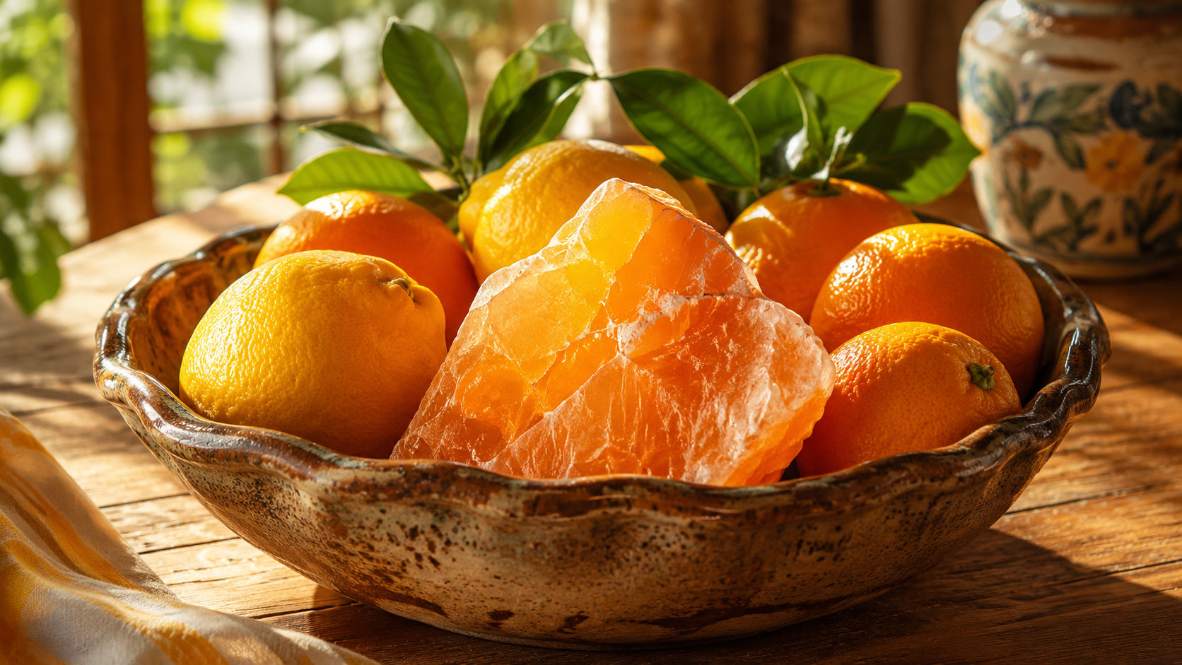 Calcita Naranja en bruto junto a frutas frescas impregnando el espacio con energía de nutrición solar.
