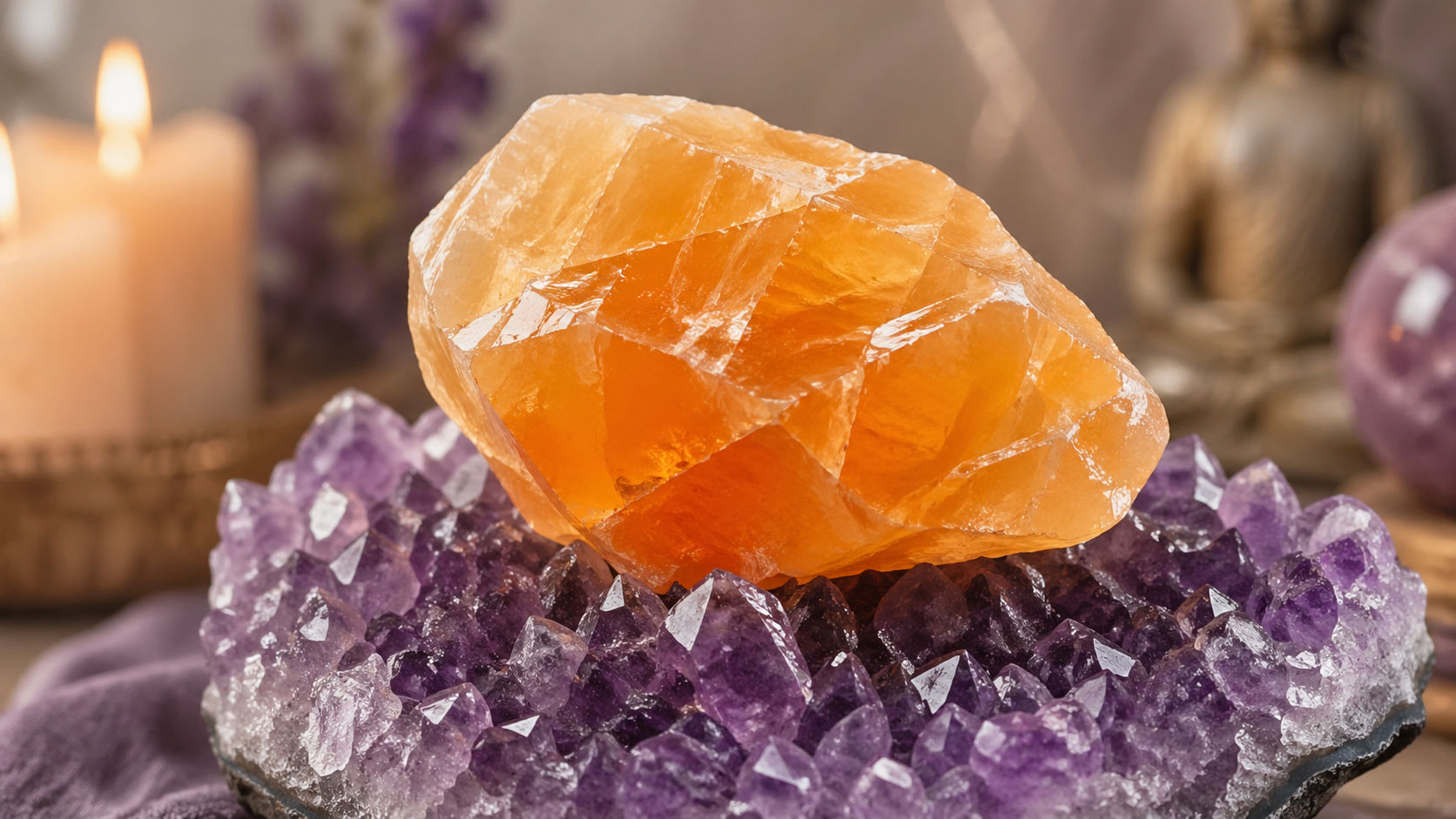 Deja la Calcita sobre una drusa de amatista para que la energía se transmuté y se eleve. Este método actúa como un cargador inductivo, estabilizando la frecuencia del cristal.
