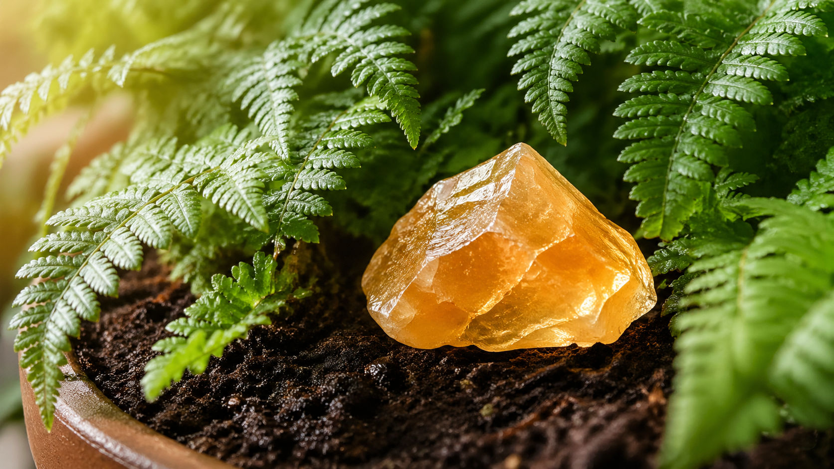 Coloca la piedra en la tierra de una planta sana (como un helecho) para que el ciclo vital de la planta la revitalice. La energía de crecimiento de la planta actúa como un inyector de fuerza vital para el cristal.