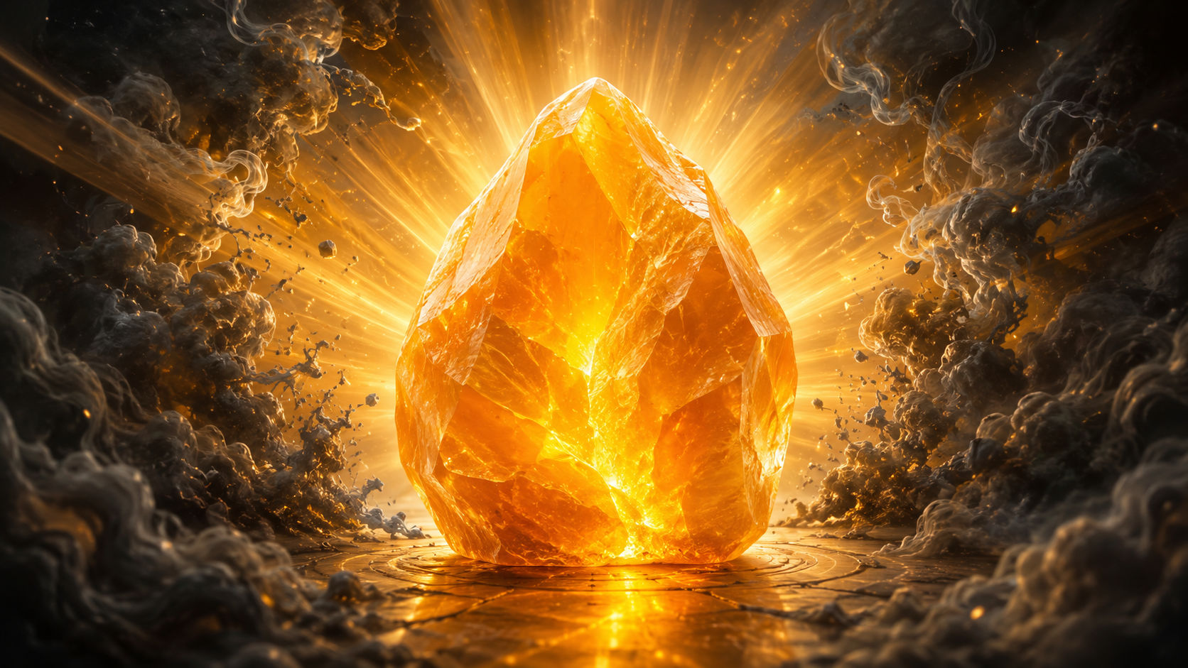 Cristal de Calcita Naranja emitiendo un haz de luz solar cálida para disipar el desánimo y reactivar la alegría.