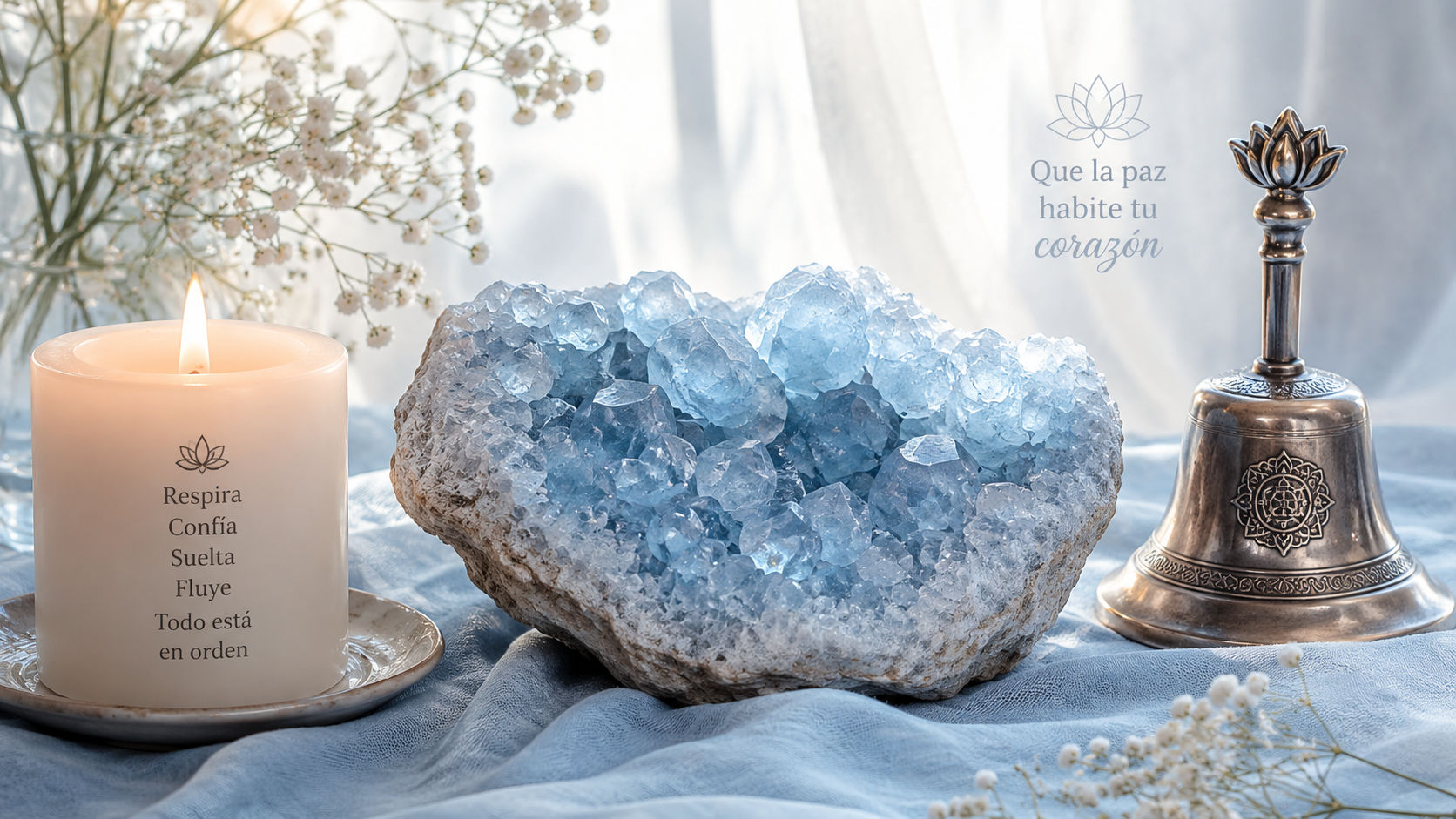 Geoda de Celestina dispuesta en el altar para canalizar la guía de los ángeles y purificar el rezo.