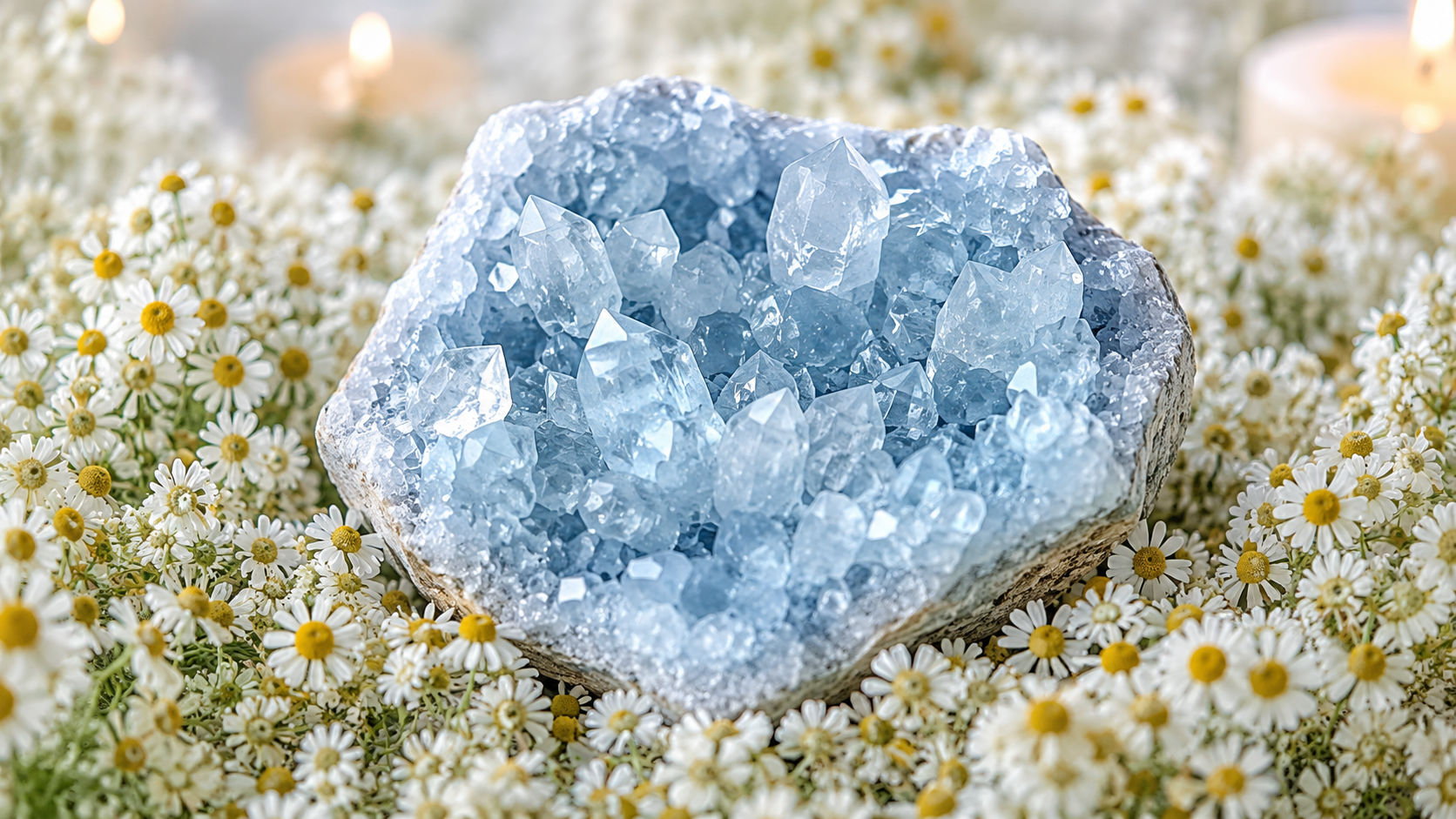 Recuesta tu cristal sobre una alfombra de flores de manzanilla enteras durante el ciclo del atardecer. La naturaleza dulce y pacífica de esta planta absorberá las densidades atrapadas en las puntas de la piedra.