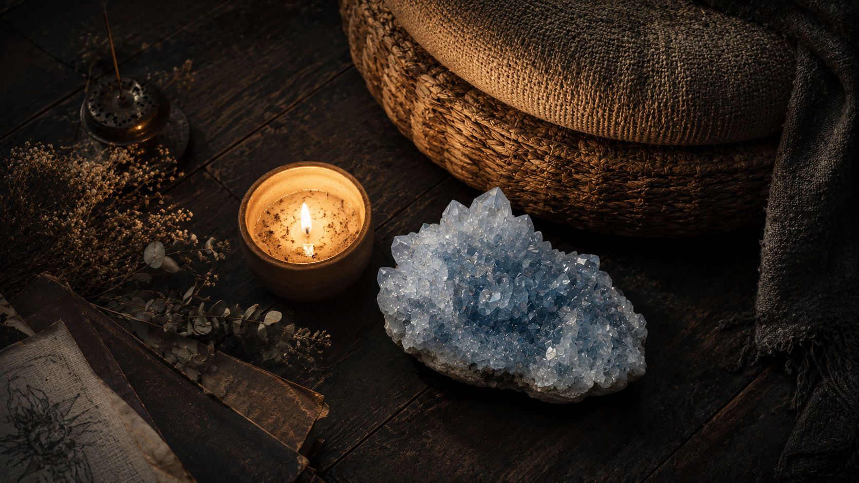Geoda en bruto de Celestina junto al cojín de oración para sostener la energía de devoción.