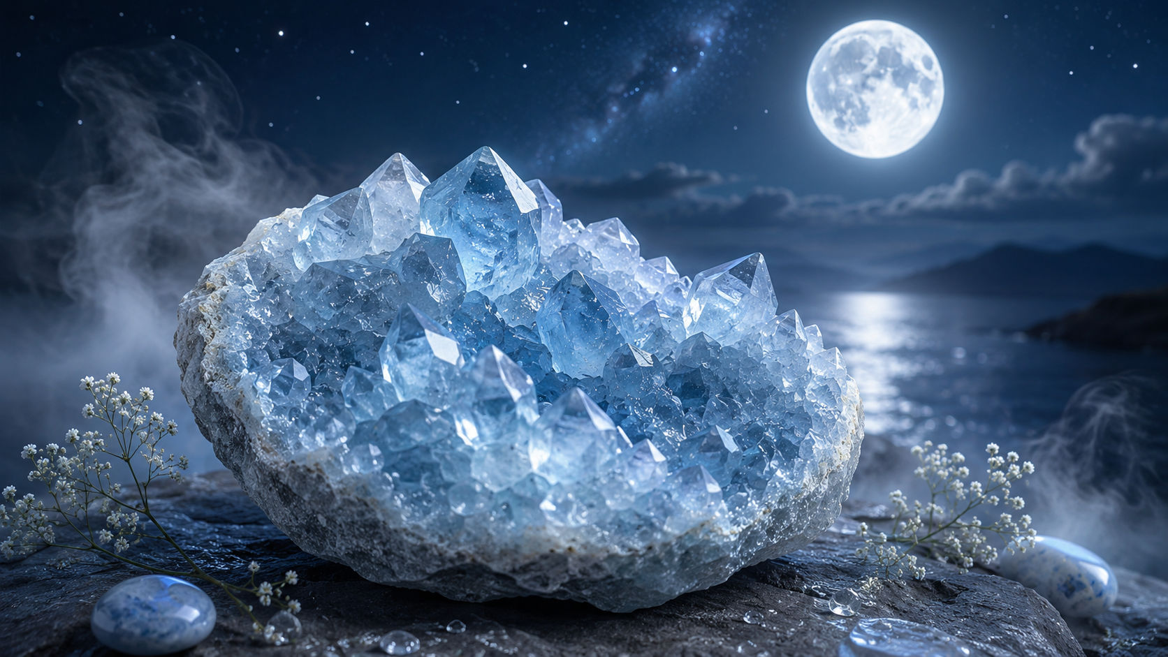 Expón la Celestina a la luz plateada de la noche colocándola en un lugar donde los rayos lunares la bañen por completo. Este influjo sutil reactivará el núcleo espiritual de la piedra, despertando sus capacidades de telepatía y sueños lúcidos.