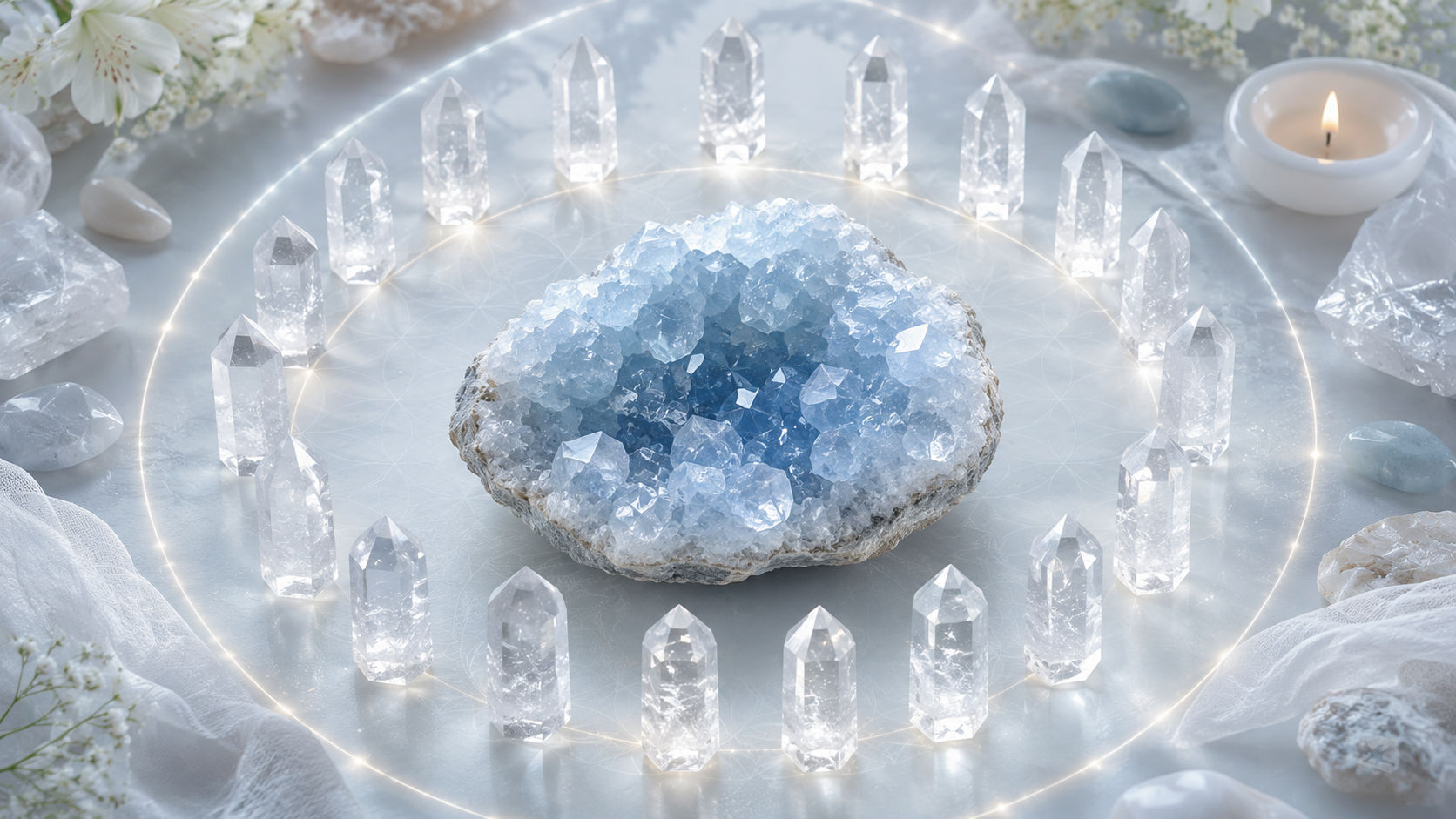 Deposita tu cristal en el centro de un círculo compuesto por cristales transparentes de cuarzo durante doce horas continuas. El cuarzo bombardeará la Celestina con luz pura, amplificando su magnetismo natural sin desgastar sus colores.