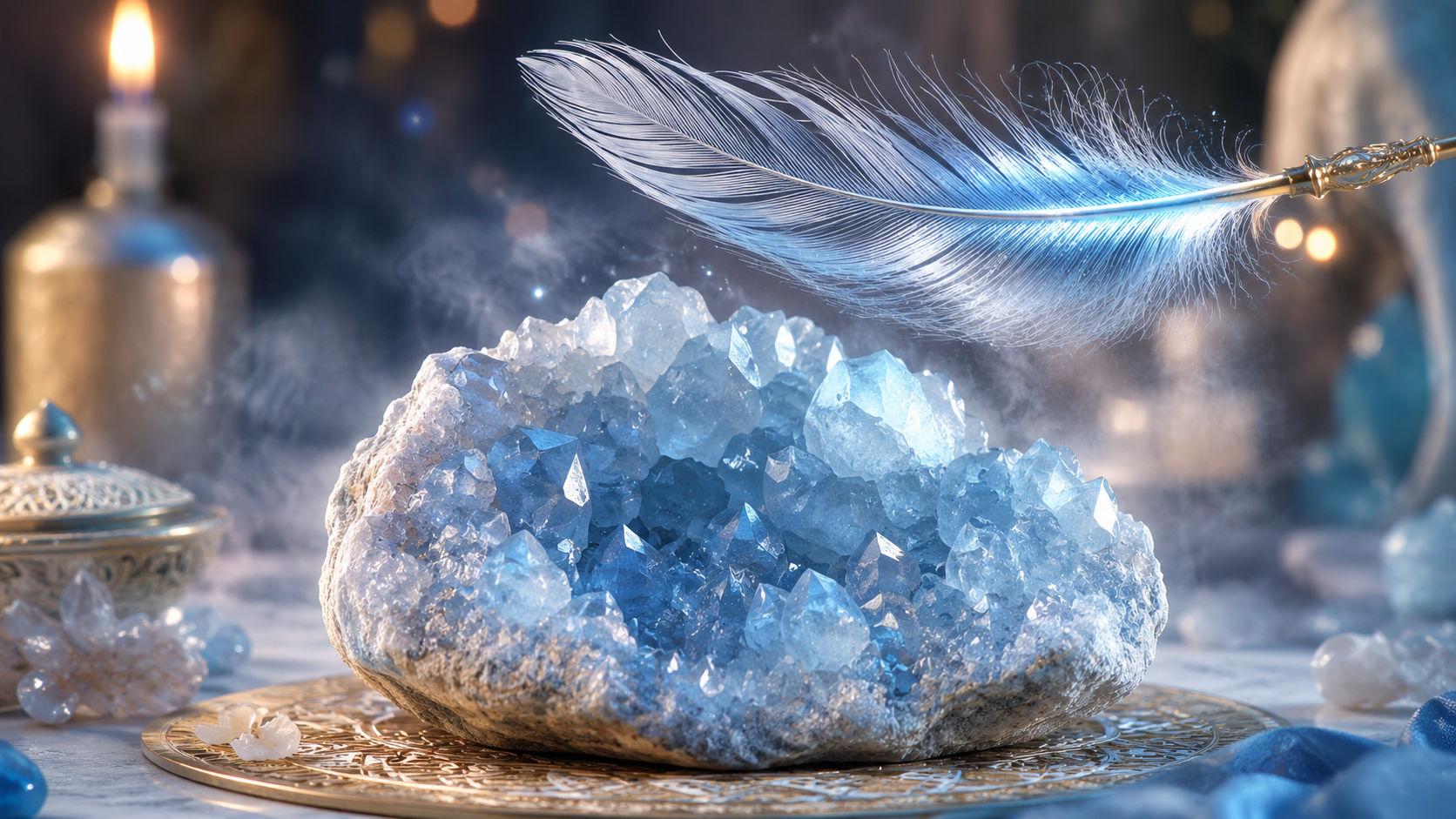 Sostén el cristal y pasa una pluma de ave sagrada sobre sus caras mientras giras de Norte a Sur, invocando a los guardianes del Aire. Este rito sintoniza la piedra con las corrientes de los vientos del plano astral, potenciando sus dones comunicativos.