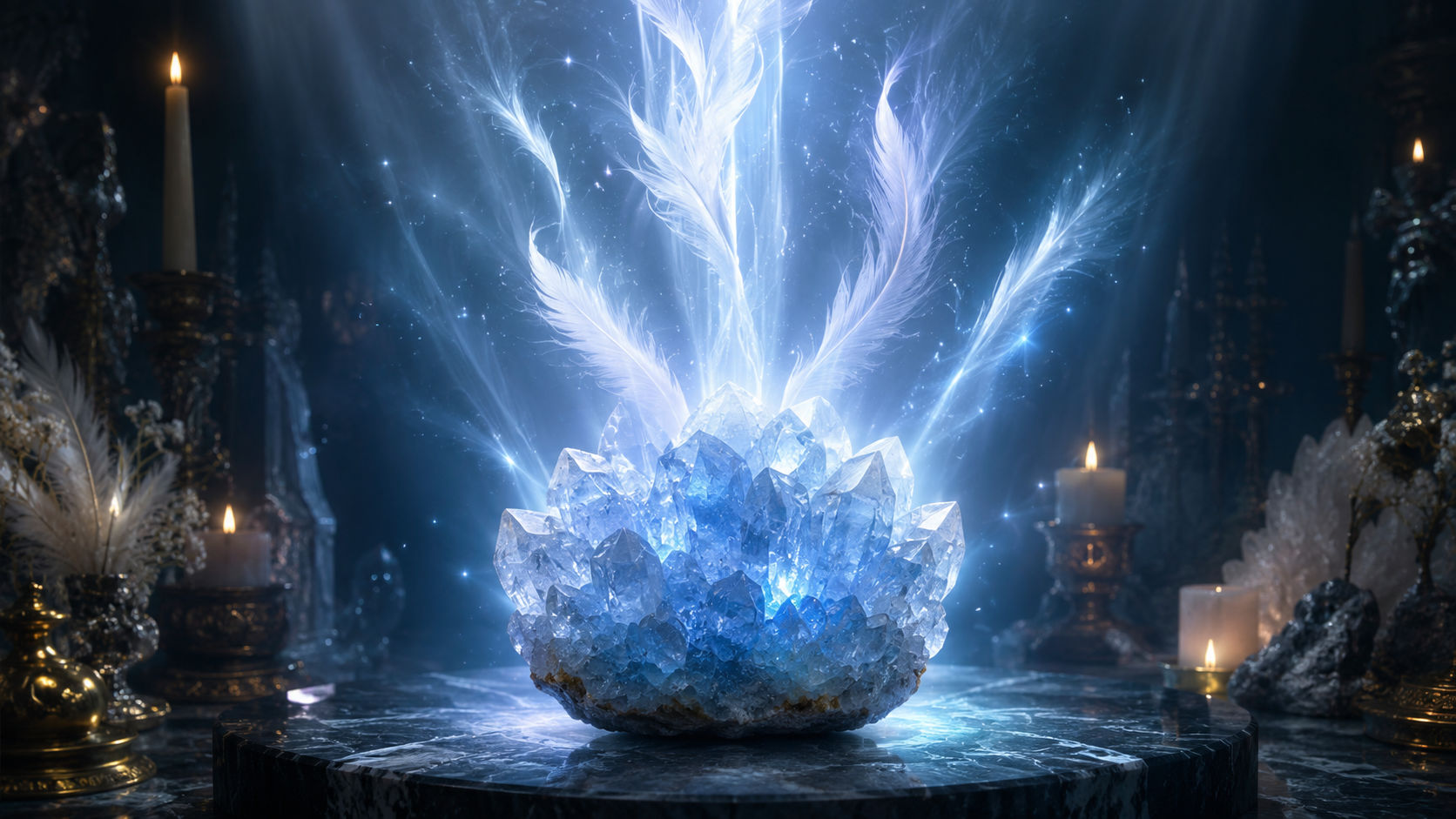 Geoda de Celestina emitiendo luz azul cielo y destellos plateados para facilitar la conexión angélica.