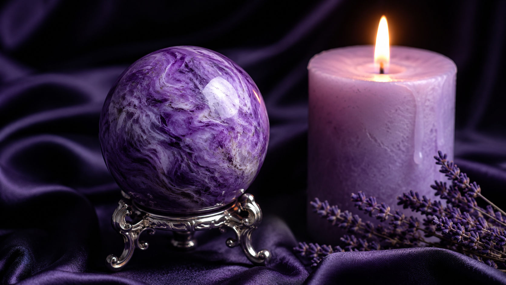 Esfera de Charoita dispuesta en el altar místico para potenciar la transmutación del alma y la calma mental.