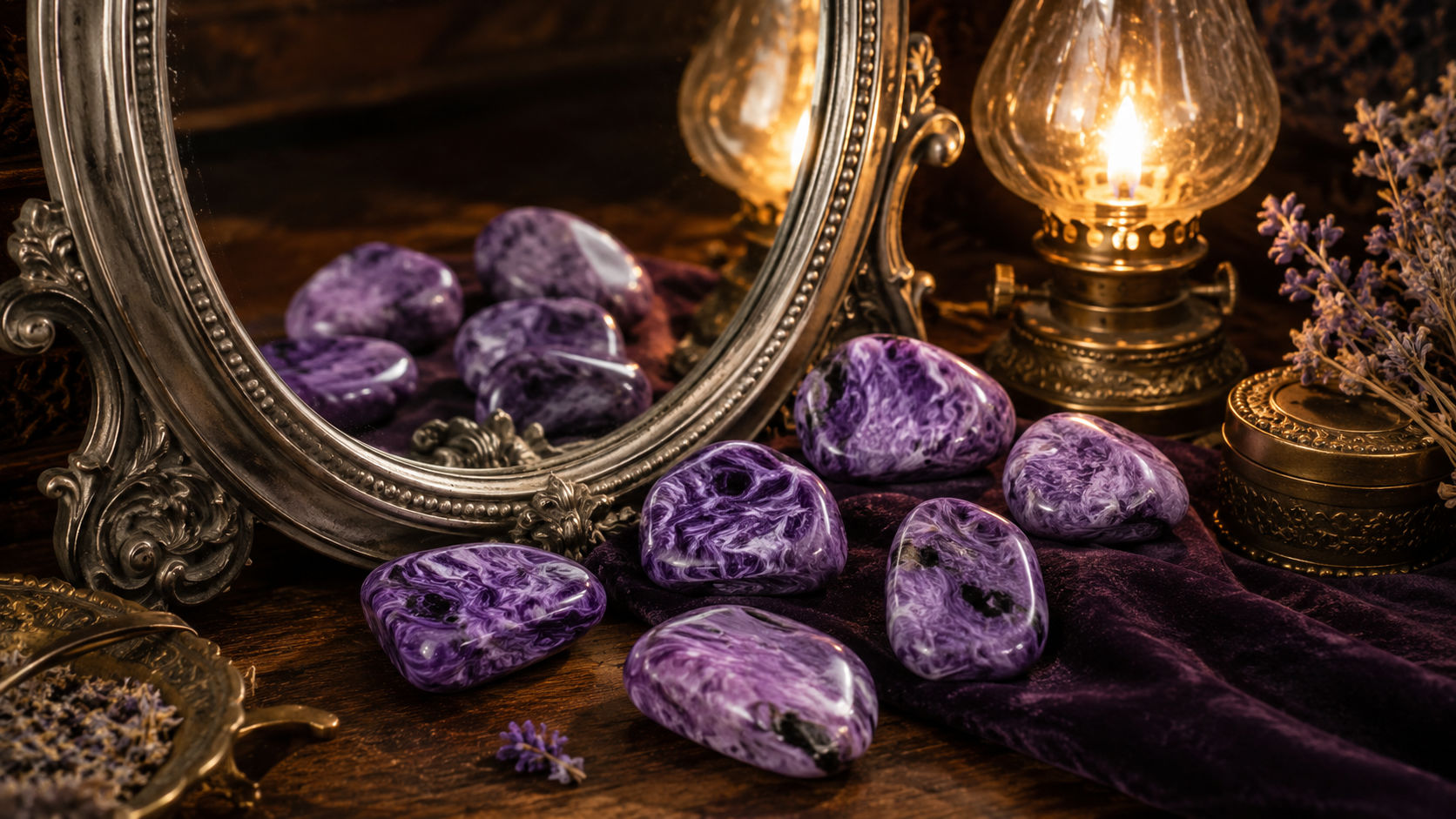 Piedras de Charoita frente al espejo para propiciar la aceptación de uno mismo y disolver los bloqueos del ego.