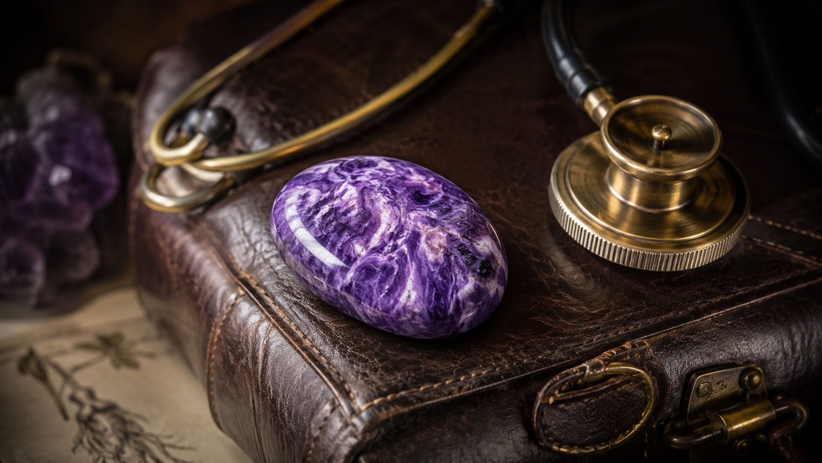 Cabujón de Charoita junto a herramientas de salud para proyectar protección y templanza en Umbral Astral.