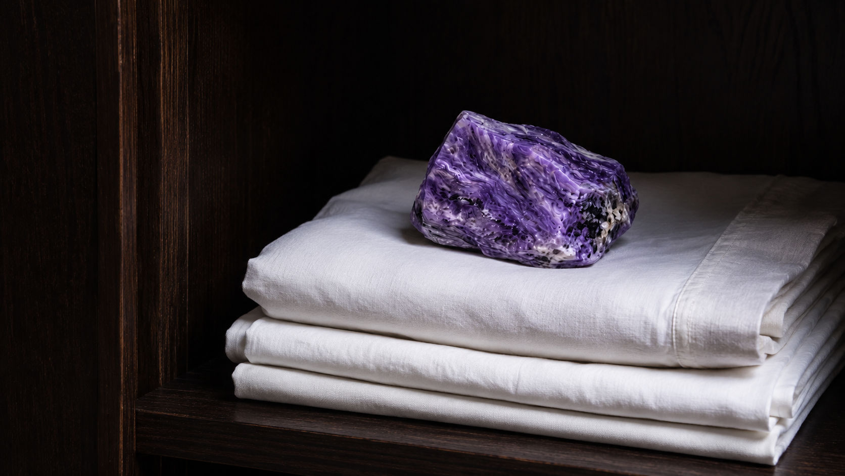 Especimen de Charoita entre ropa de cama para impregnar los textiles de una energía de purificación y cobijo.