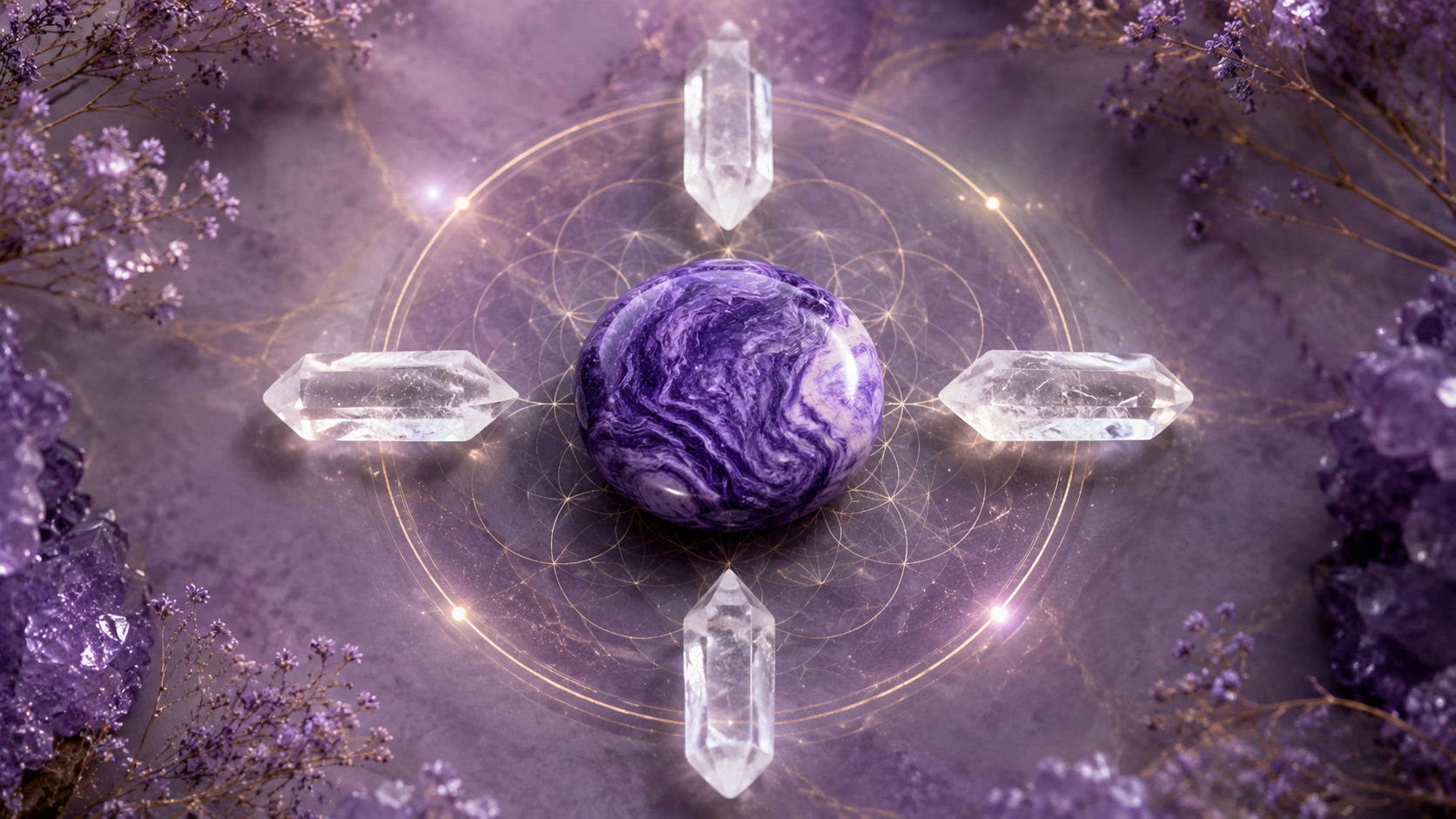 Rodea la Charoita con un círculo de cuatro cuarzos transparentes orientados hacia ella en los cuatro puntos cardinales. Este mandala focalizará la luz cósmica directamente en el corazón de la piedra, elevando su frecuencia vibratoria al máximo.