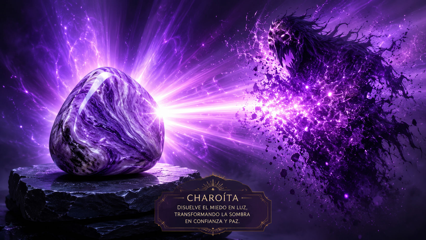 Piedra de Charoita emitiendo destellos violetas para disolver miedos inconscientes y fobias.