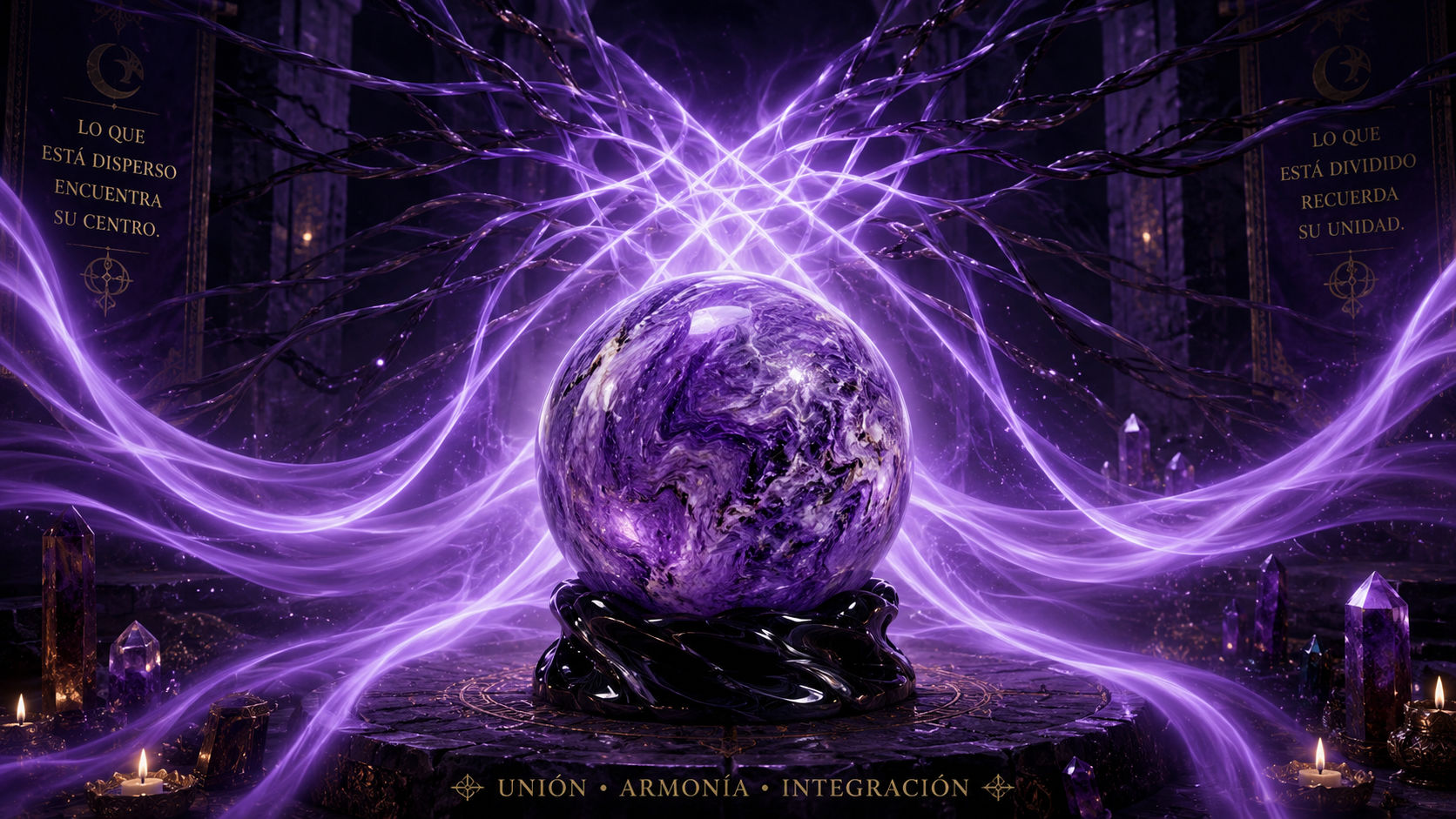Esfera de Charoita proyectando ondas de luz lavanda para disolver el aislamiento y fomentar la unión.