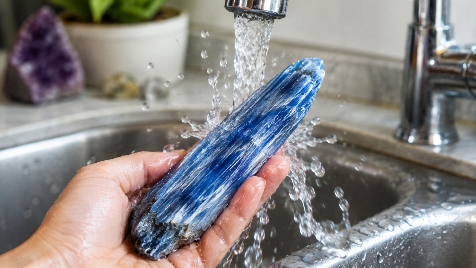 Pasa la gema unos segundos bajo el agua corriente invocando la purificación de los ríos divinos.