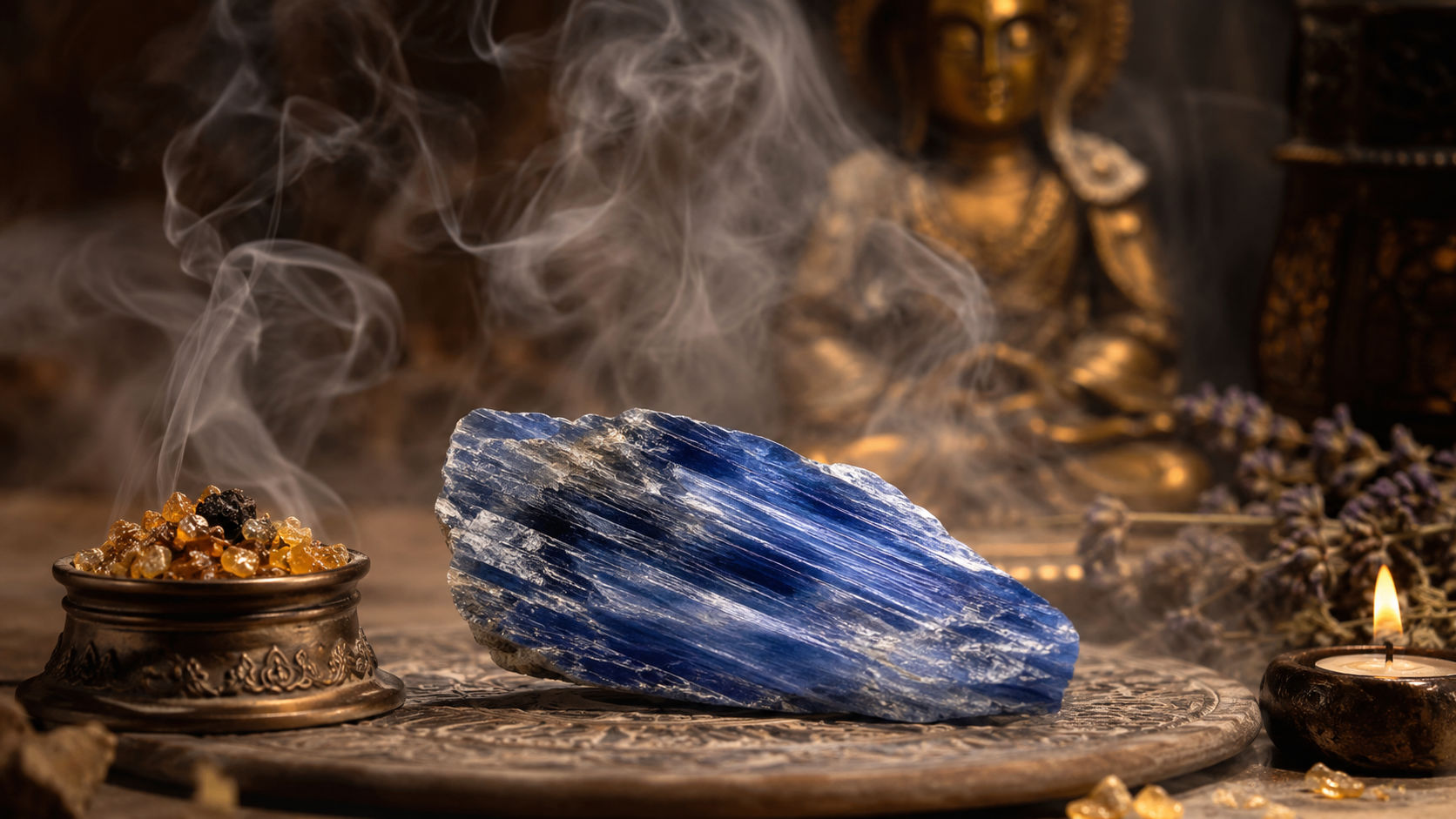 Sostén la espada de piedra sobre el humo denso de la mirra para bendecir sus puntas estriadas. Este paso elimina la estática del plano terrenal que se adhiere a su superficie externa tras las consultas místicas.