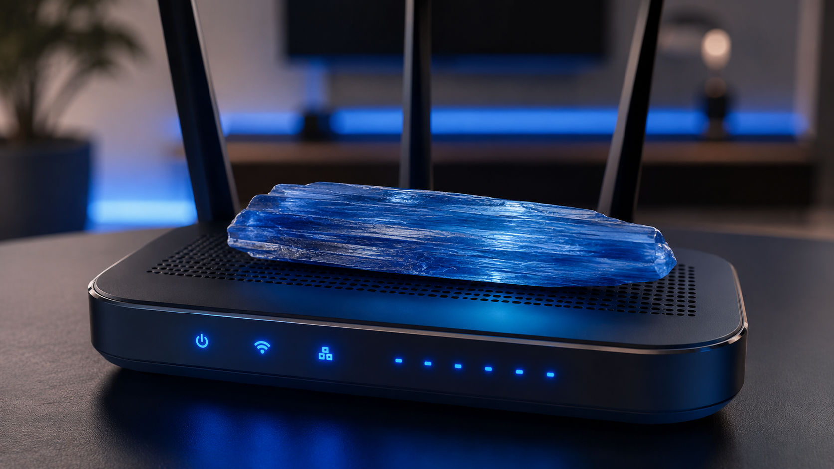 Hoja de Cianita Azul sobre un router para promover una transmisión de información limpia en Umbral Astral.
