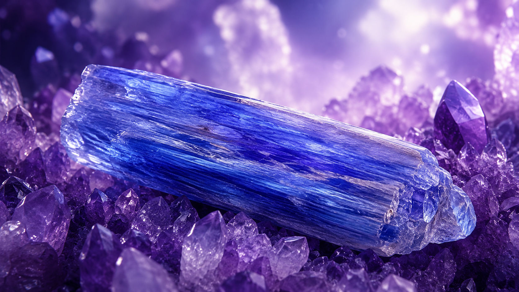 Coloca tu Cianita Azul encima de un lecho de cristales violetas durante doce horas continuas. La Amatista inyectará el rayo de la transmutación espiritual directamente en las estrías de la Cianita, amplificando su don de corte.