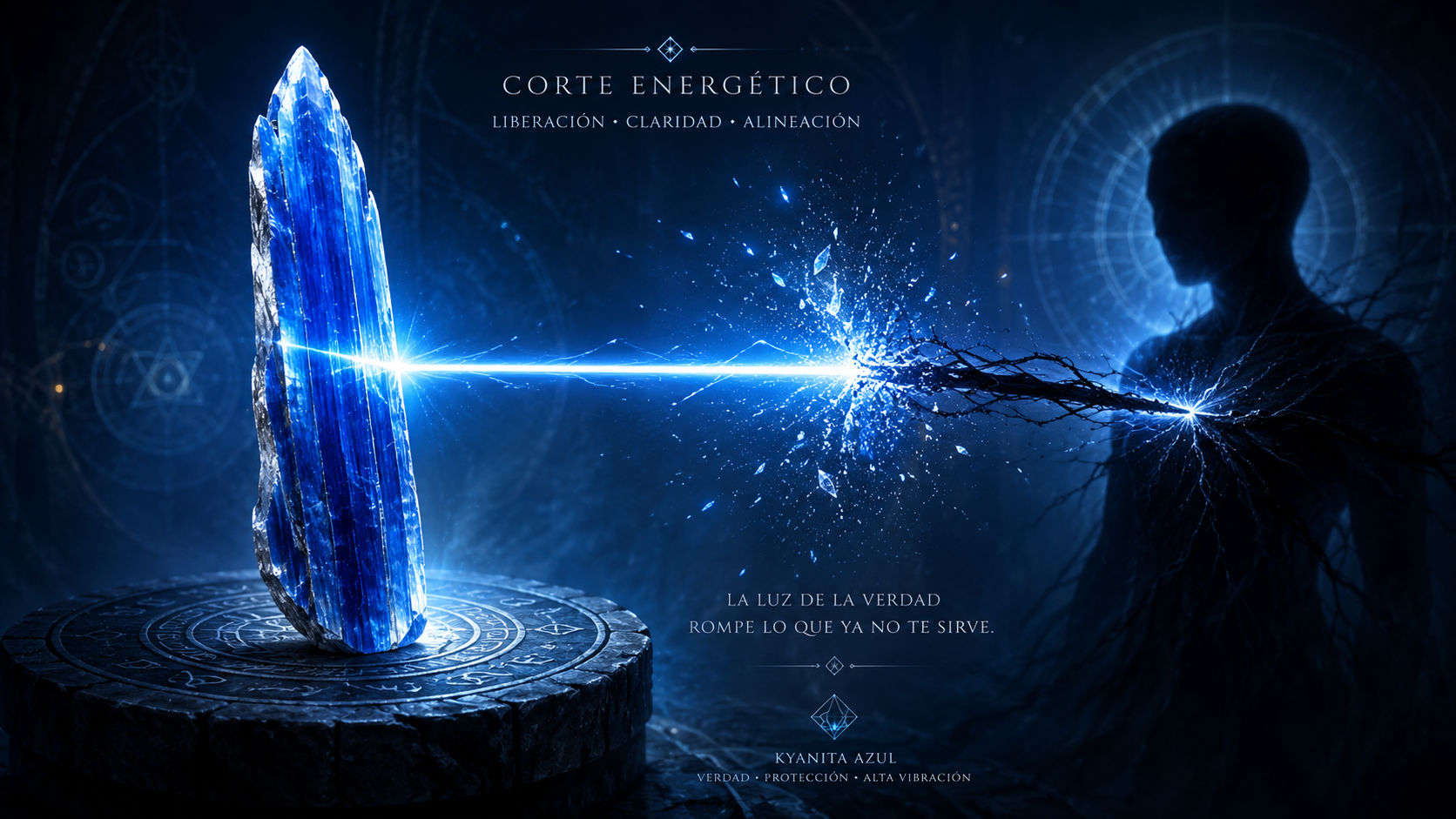 Cristal en forma de espada de Cianita Azul cortando cordones energéticos de dependencia.