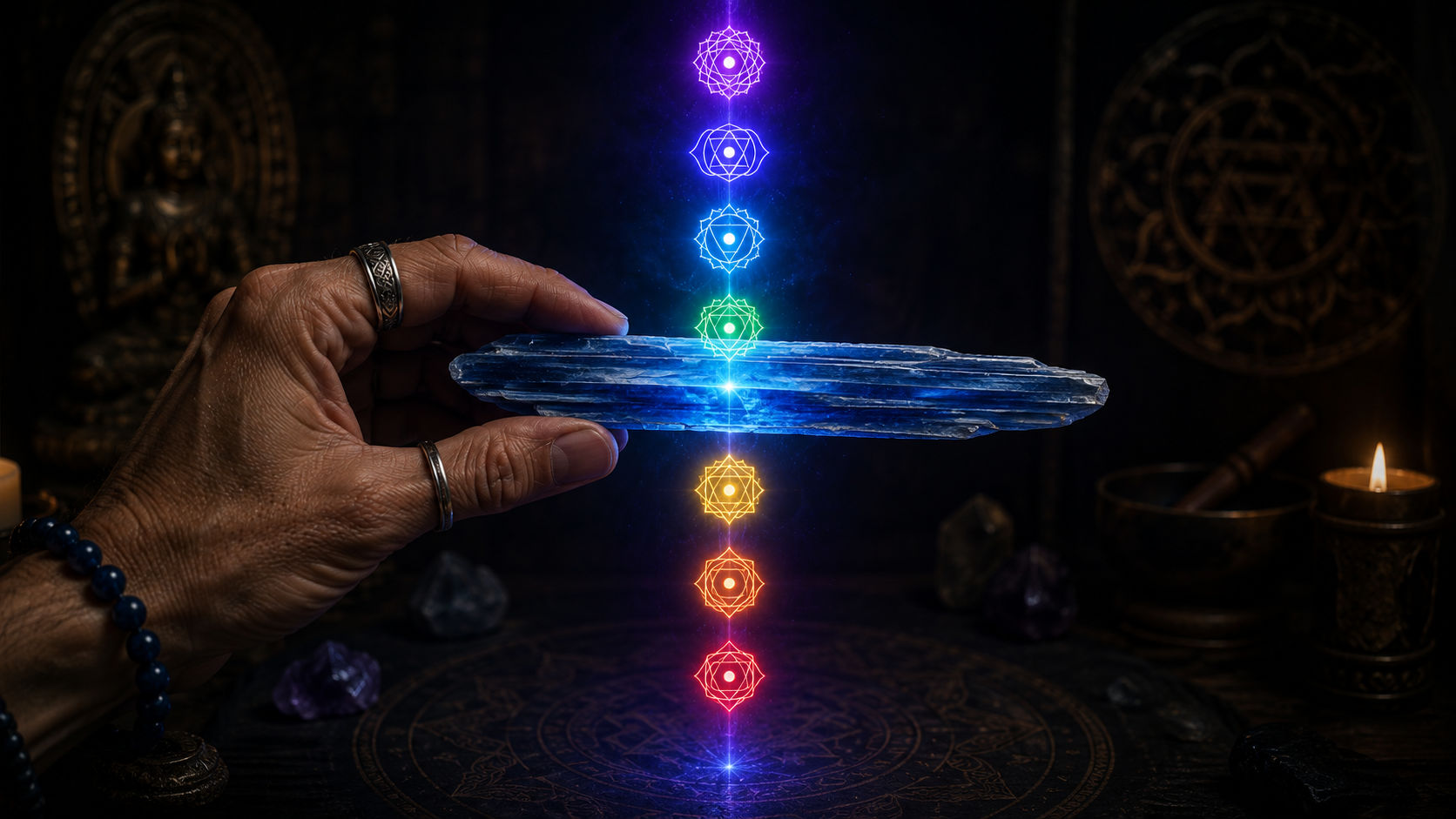 Hoja de Cianita Azul emitiendo una columna de luz para alinear instantáneamente el eje energético.