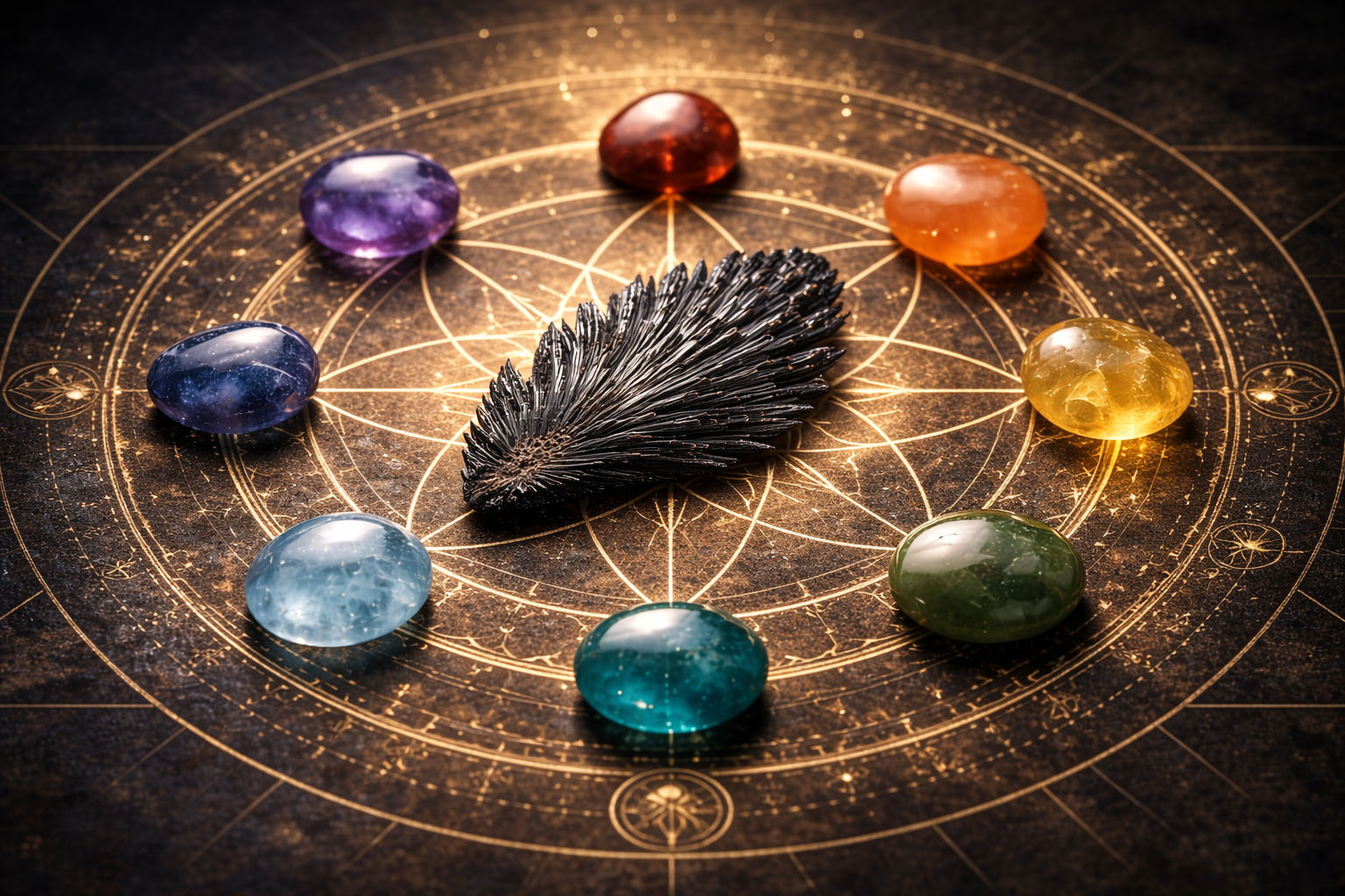 Cianita Negra como núcleo de alineación rodeada de piedras de los 7 chakras.