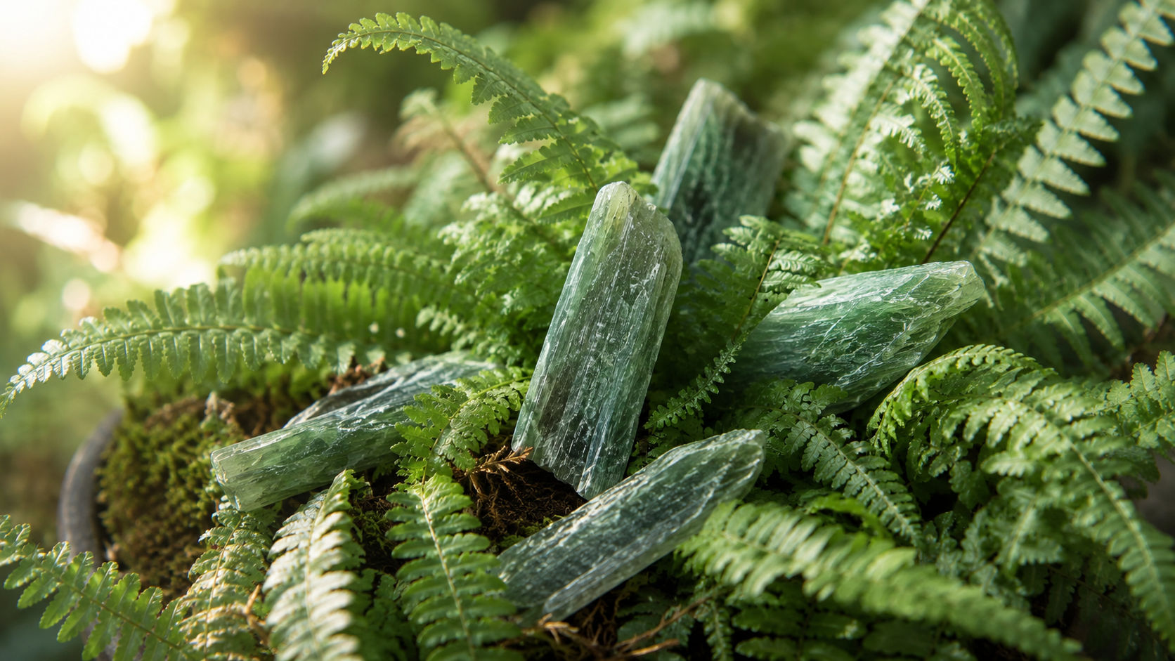 Fragmentos de Cianita Verde junto a plantas para potenciar el flujo vital y sintonizar con la Madre Tierra.