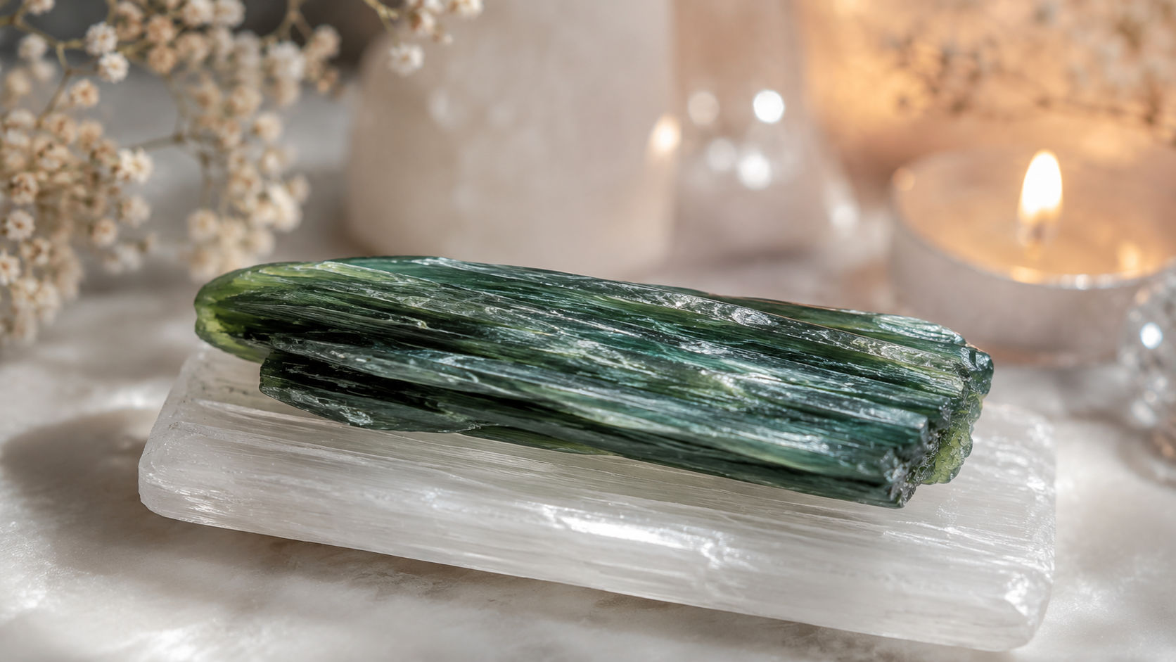 Reposa tu Cianita Verde sobre una barra de Selenita pura durante unas pocas horas al resguardo de tu altar. La luz blanca de la Selenita barrerá cualquier película opaca que nuble el reflejo natural del cristal verde.