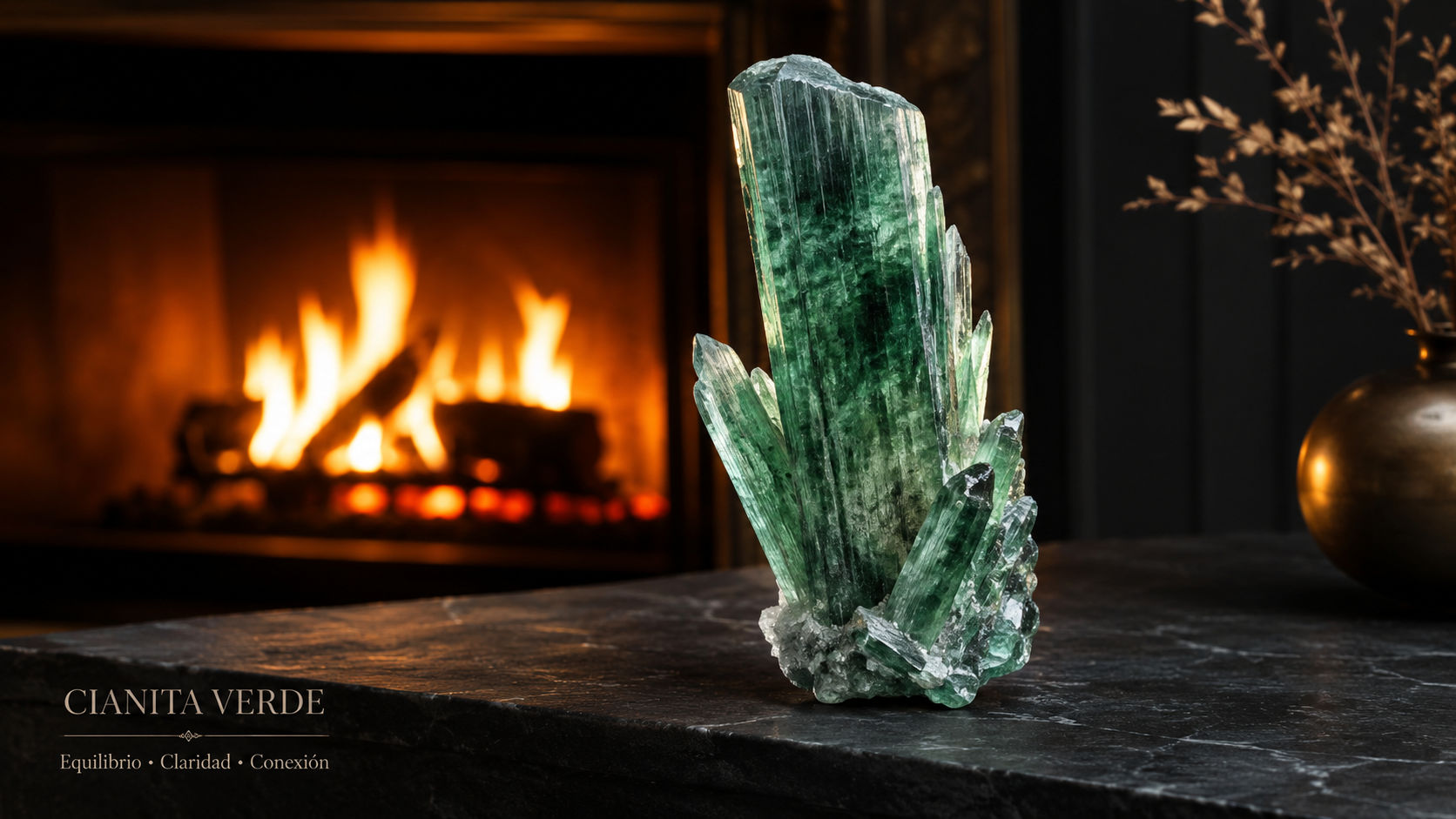 Especimen de Cianita Verde en la repisa de la chimenea para armonizar el fuego del hogar en Umbral Astral.